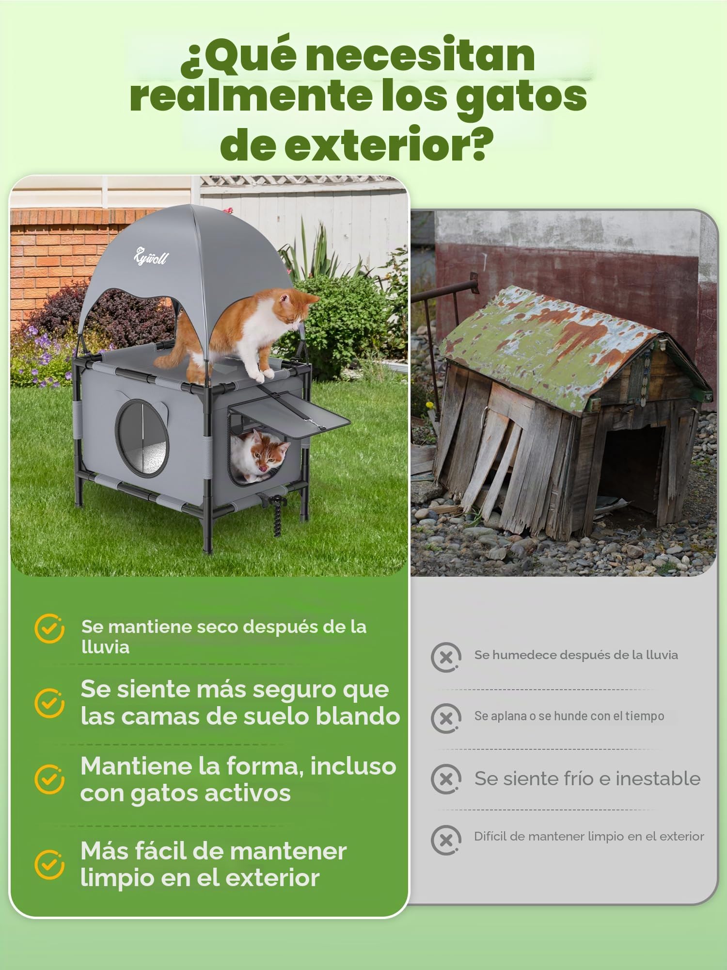 Rywell Casa para Gato de Exterior Elevada con Terraza,61x46x96cm Casa para Gato de Dos Niveles con Dosel, Dos Puertas y Una Alfombra, Adecuada para Hogares con Varios Gatos (Gris)