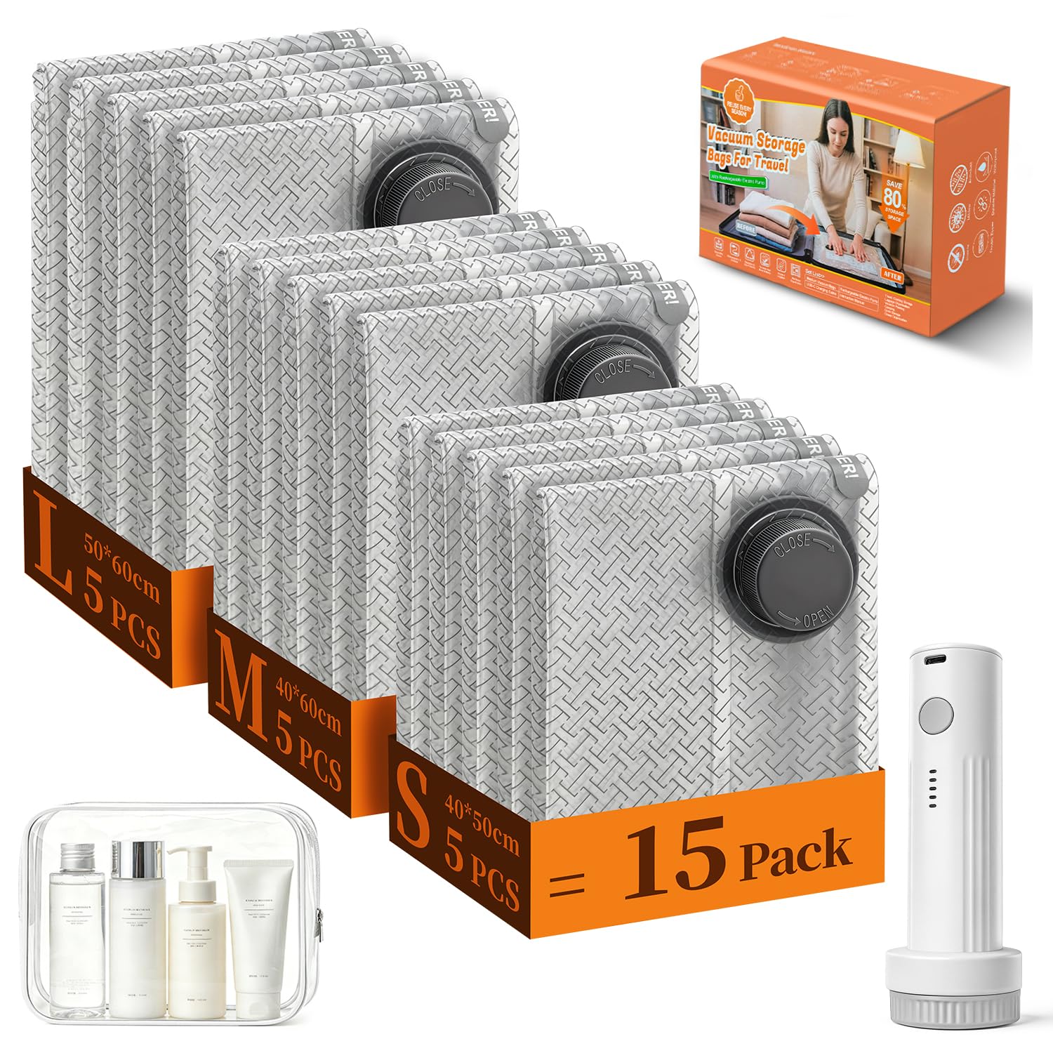 Sacchetti sottovuoto a compressione, confezione da 15 sacchetti sottovuoto riutilizzabili da viaggio con pompa wireless, 3 dimensioni salvaspazio, sacchetti sottovuoto per vestiti, include una borsa