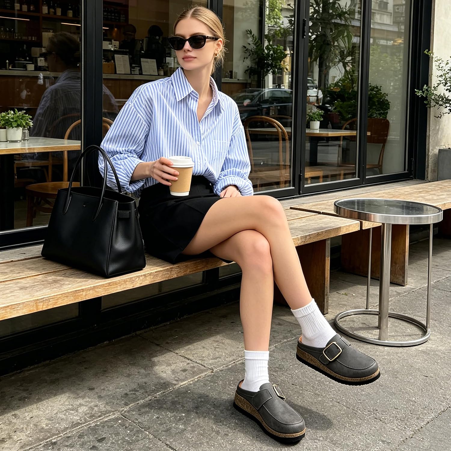 Women Eco Leather Buckle Clogs Non Slip Platform Mules Slip-On Slides | All-Day Comfy Memory Foam Insole, Non-Slip Platform Sole, Buckle Eco-Leather Slip On Clogs For Daily Work
