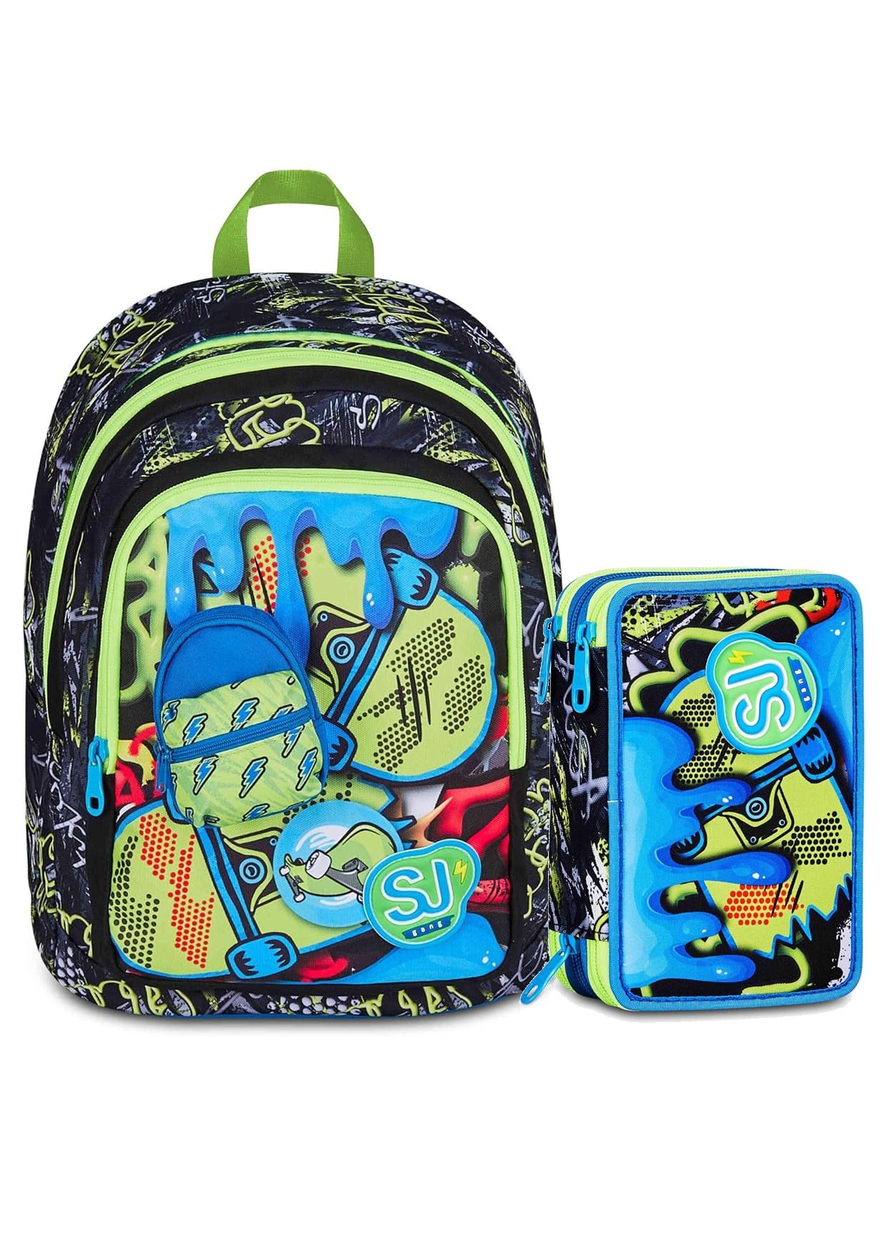 SJ GANG STYLE JAM GANG Zaino Scuola Advanced SOFT POUCH BOY, Doppio Scomparto, Applicazione zainetto 3D su tasca frontale, Tasca laterale portaborraccia. CON ASTUCCIO 3 ZIP COMPLETO DI COLORI