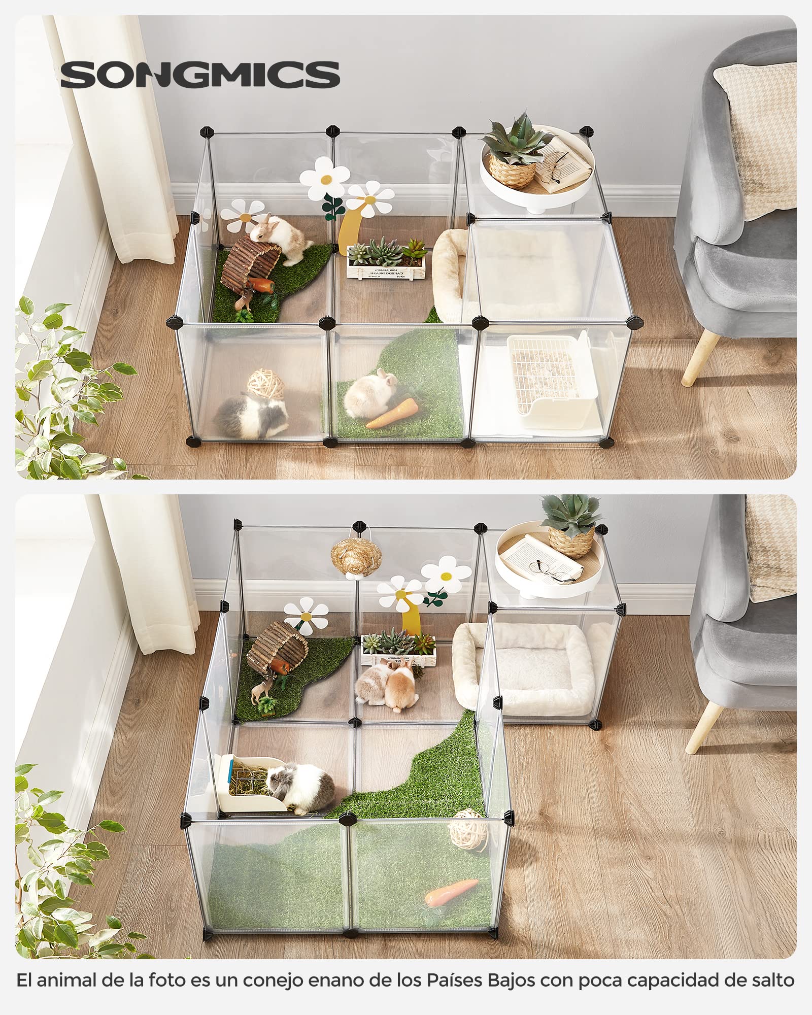 SONGMICS Valla para Mascotas, Parque para Cobayas con Suelo, Recinto Interior de Plástico Transparente para Hámsters, Conejos, Erizos, para Animales Pequeños, 143 x 73 x 46 cm, Blanco LPC02W