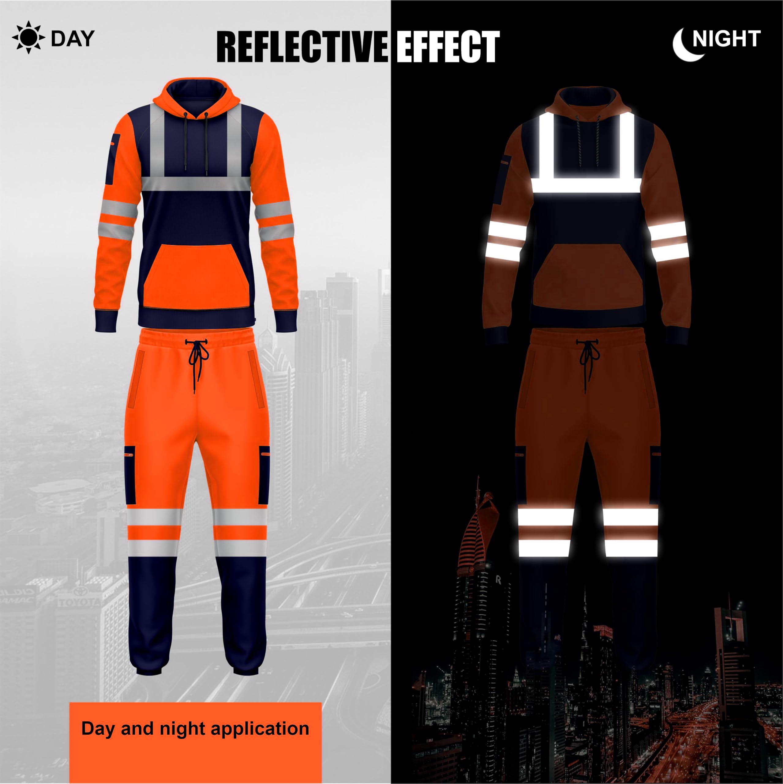 mymixtrendz Hi Vis Cuffed Pull Over Set Reflective Tape Band Tuta Nuova Giacca Pantaloni Uomo Alta Visibilità Workwear Set Taglie S/2XL, Arancione navy., XL