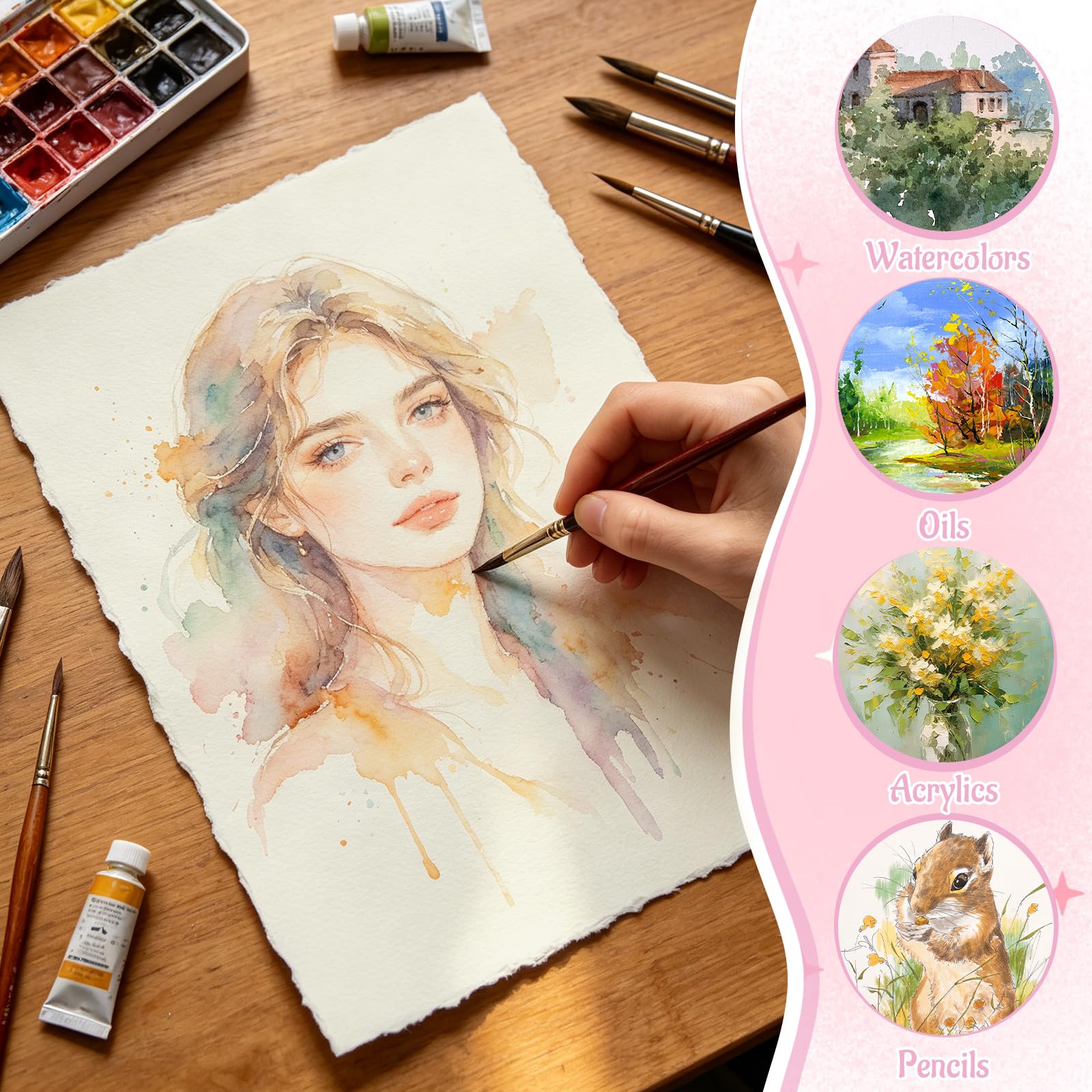 50 arkuszy papieru akwarelowego, 21 x 14,8 cm, papier bawełniany A5, ręcznie robiony gruby papier z nieregularnymi krawędziami, 160 g/m2 ręcznie robiony papier do malowania, szkicowania, kaligrafii