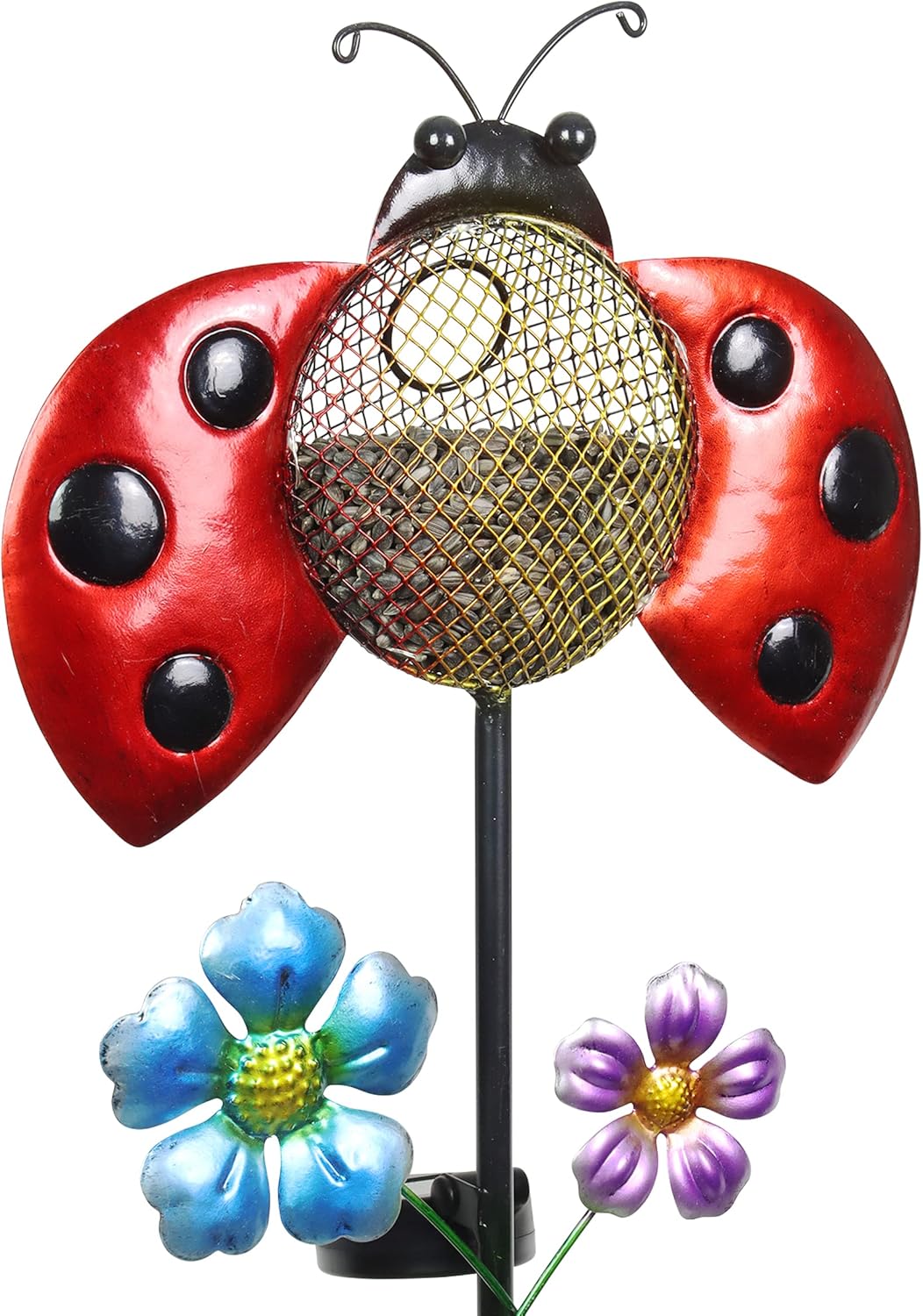 Exhart Solar LED Hummingbird Garden Stake w/Mesh Bird Seed Feeder, Durable Outdoor Metal, 12.5”x36”