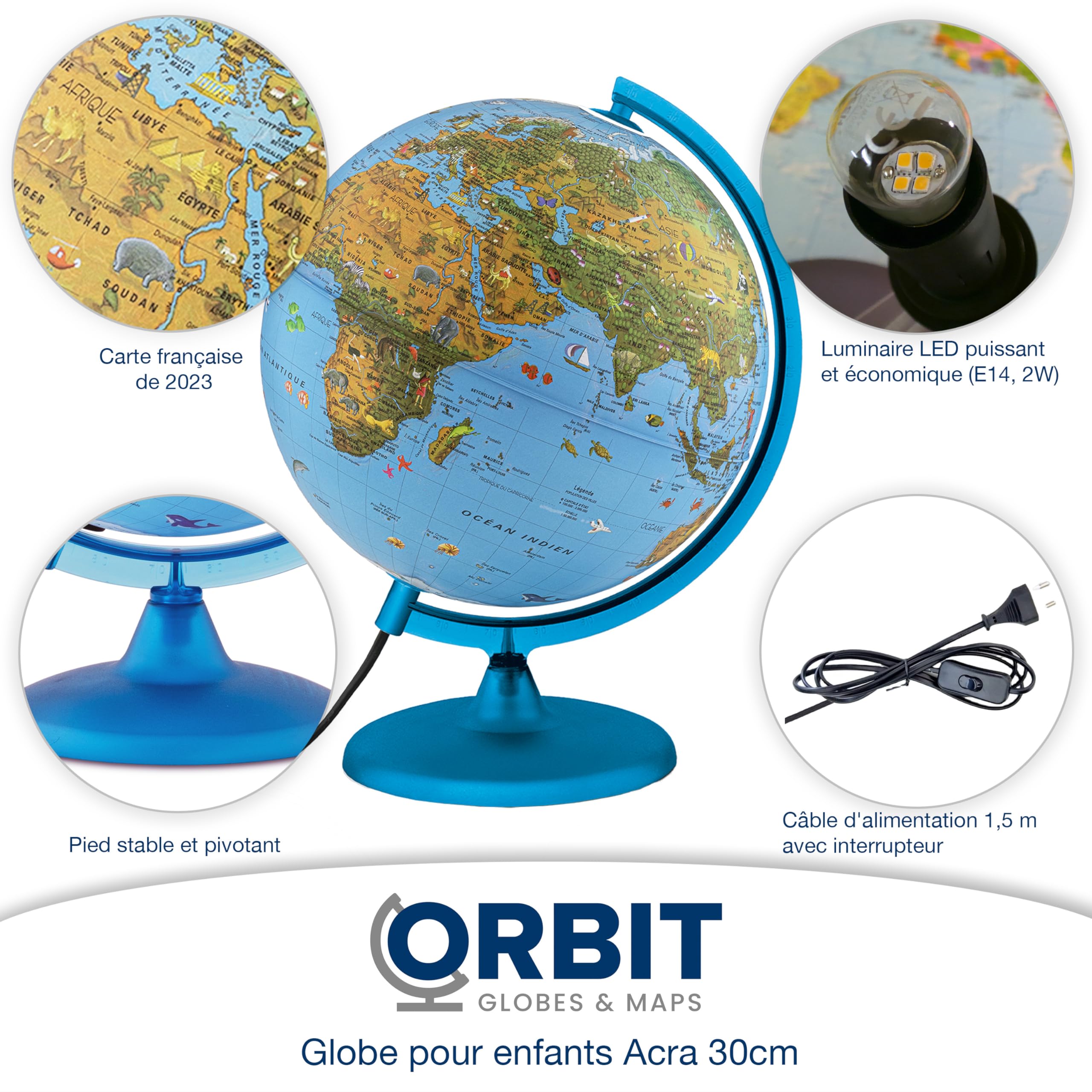 ORBIT Globes & Maps - Globe pour enfants - Globe de 30cm avec pied en plastique anti-choc, cartographie avec de nombreuses illustrations, textes en français