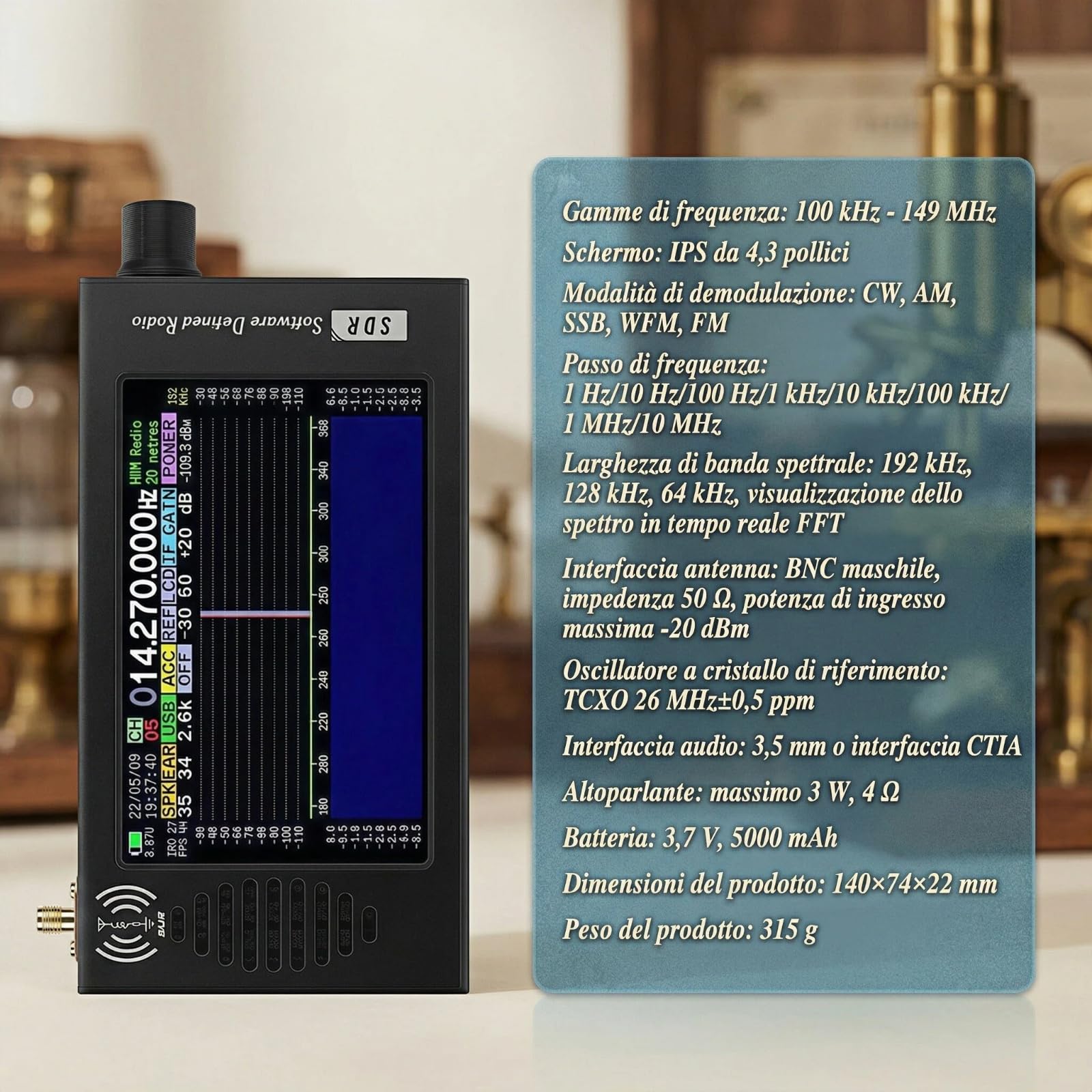 Ricevitore Radio SDR DSP a Onda Corta,Display LCD 4.3" AM/FM/CW/SSB,Spettro 100KHz-149MHz Carcassa in Alluminio Batteria 3000mAh