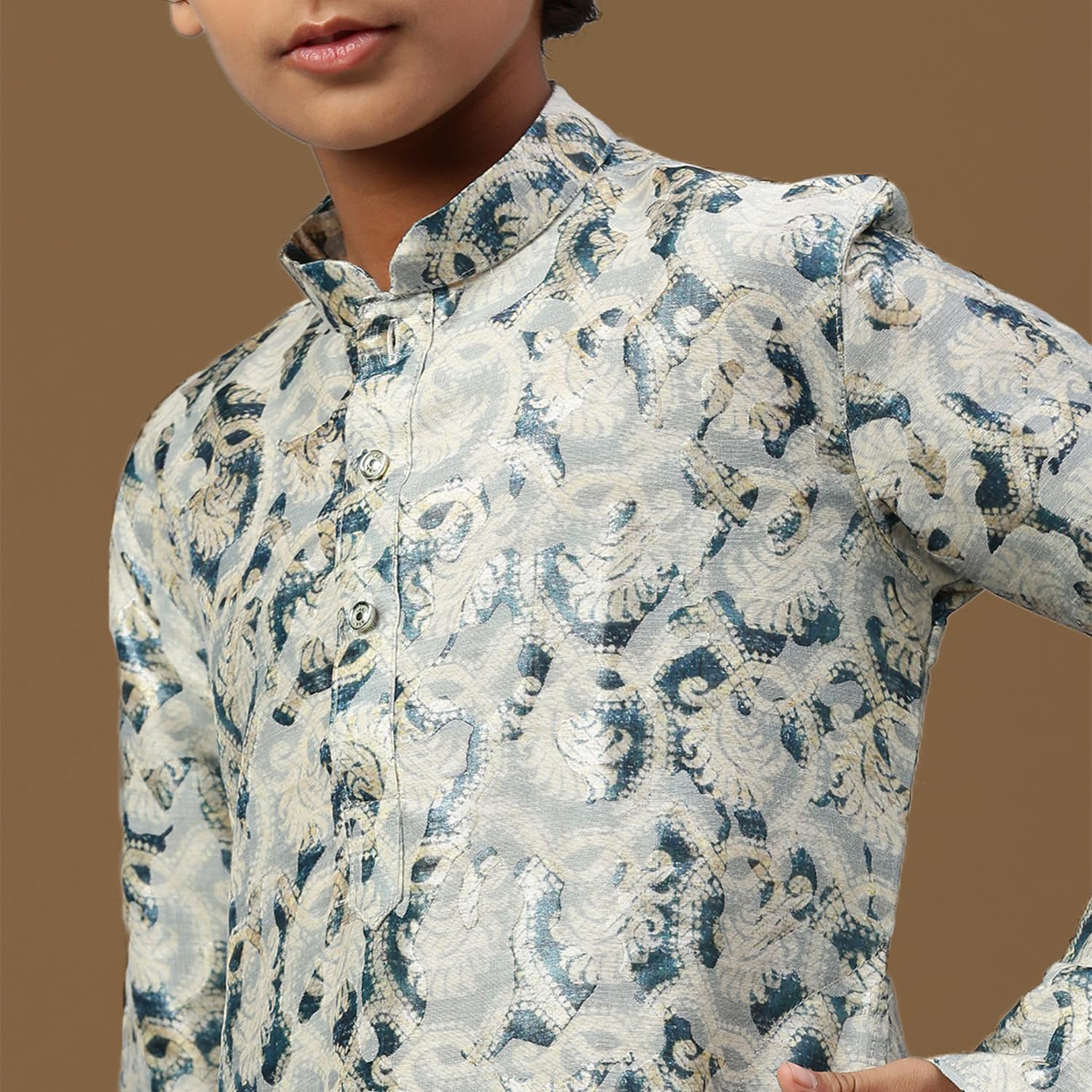 Sanwara Boys Digital Print Firozi Silk Elegant Ethnic Attire Trendy Kurta (6-7 Years) 3