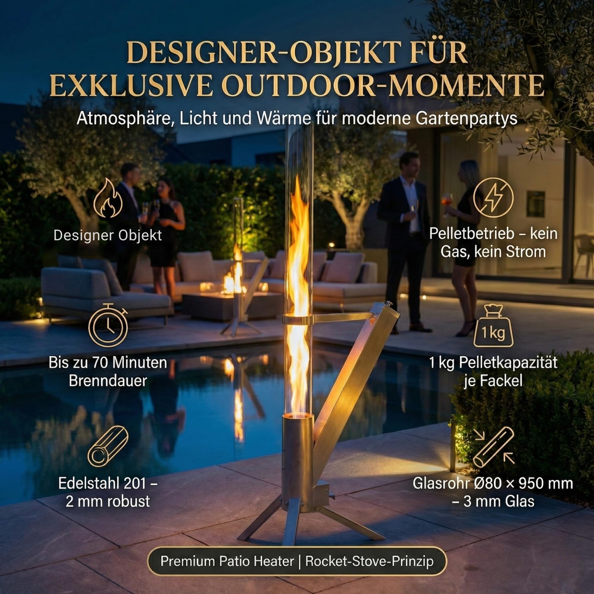 Albatros hochwertige Pelletfackel aus Edelstahl | Raketenofen für den Garten | mit Glas Feuerrohr | Terrassenheizung Terrassenofen | Outdoor Feuerstelle ohne Strom | bis 70 Min Brenndauer
