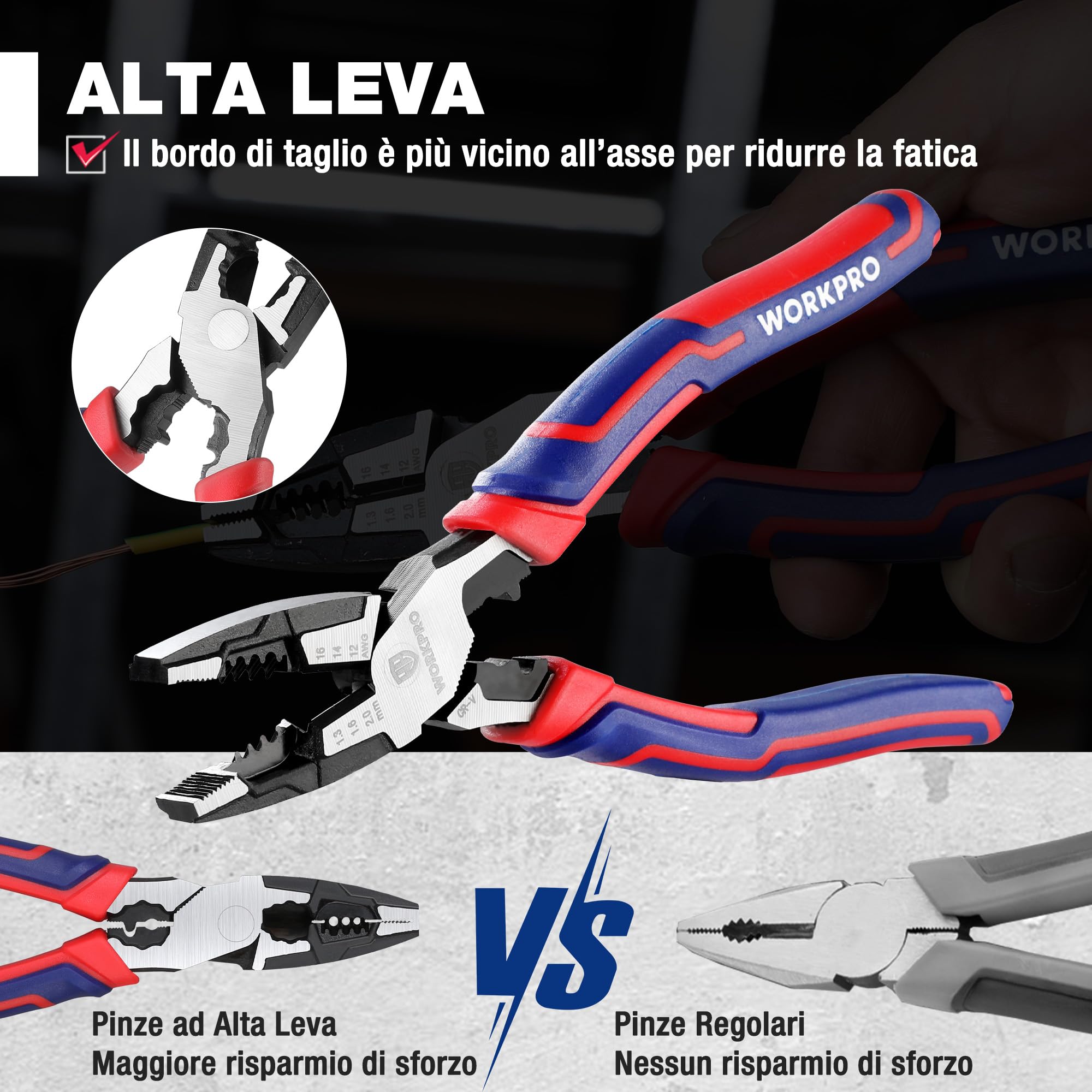 WORKPRO Pinza Combinata 5 in 1 209mm 16-12 AWG (1,3-2,0mm) Cr-V per Elettricisti