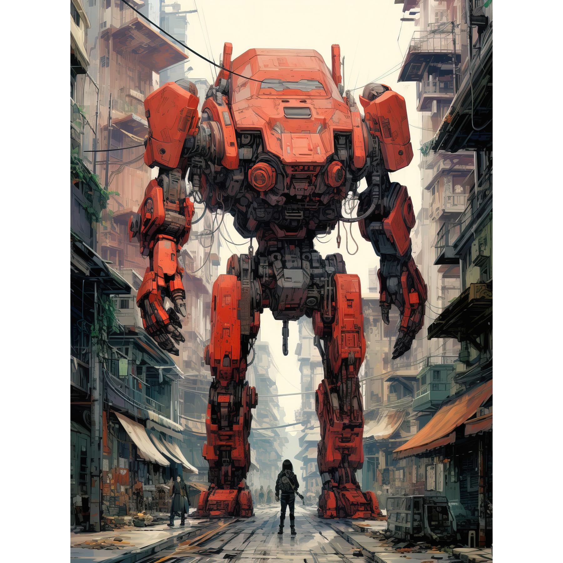 Red Mecha Robot in City Street Anime Sci-Fi Giant Machine Art Print 18X24 In