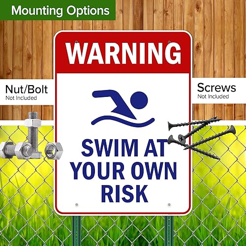 Vista 90 de Señal de advertencia de natación a tu propio riesgo, 10 x 14 pulgadas, libre de óxido, aluminio 040, resistente a la decoloración, fabricado