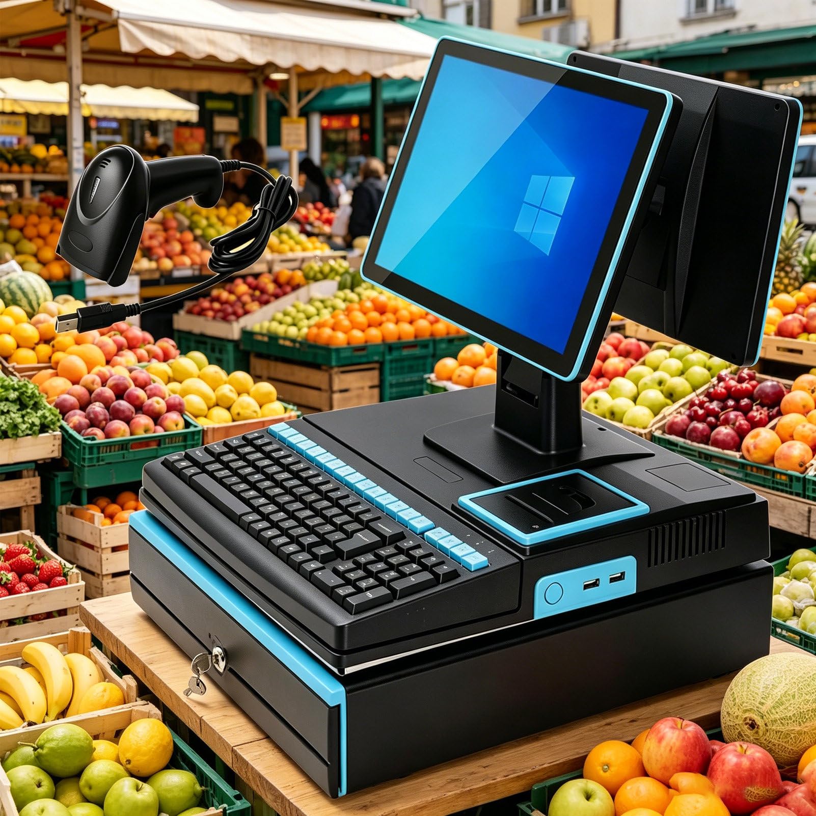 Pvxa All-in-One POS Cash Register System, 15.6" Touch Screen Dual Core 64GB, 58mm Thermal Printer Cash Drawer Barcode Scanner, for Retail Restaurant Supermarket DualScreen-Blue