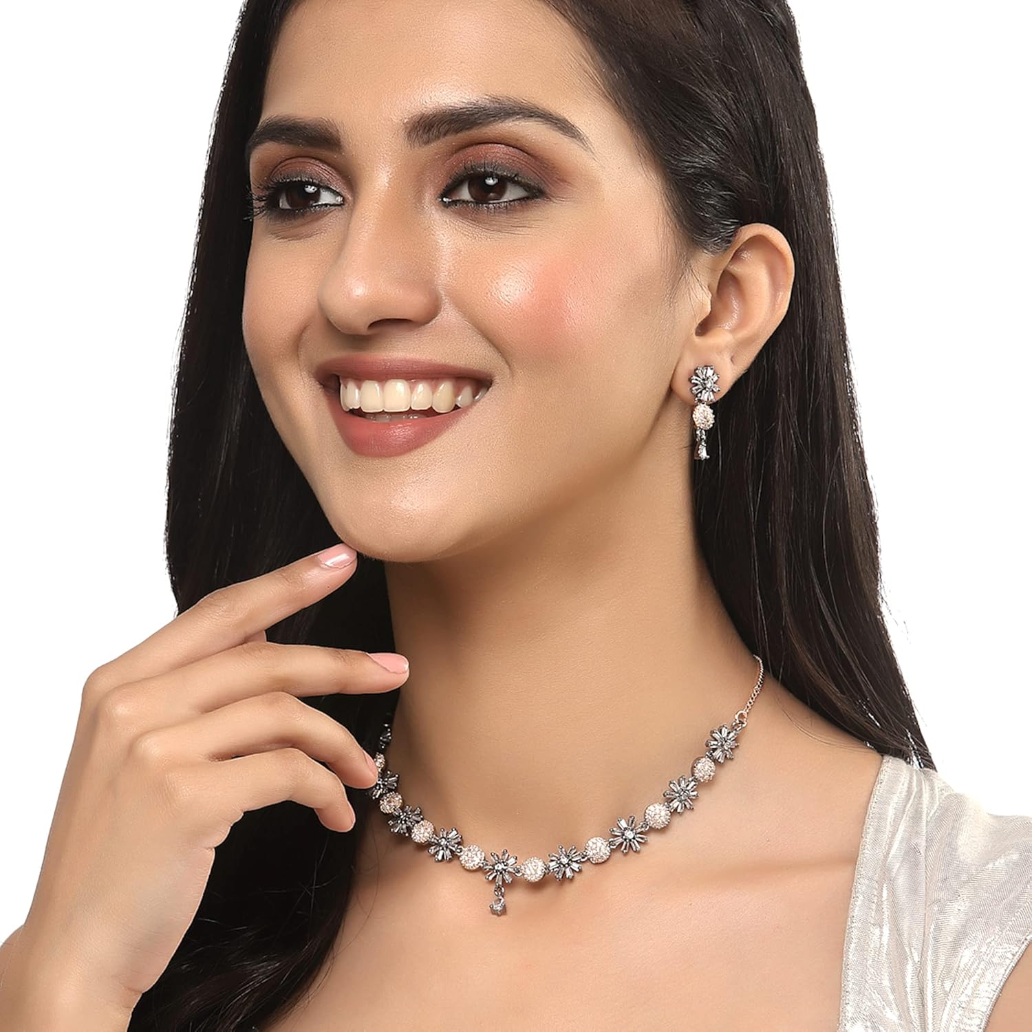 ZENEME Rhodium Plated Silver Toned White American Diamond Studded Necklace With Earring Jewellery Set For Woment and Girl - Image 10