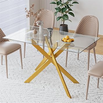 51.2" Glass Dining Table for 2-4 People, Modern Kitchen Table with Gold Chromed Legs, Rectangular Dinner Table for Small Space, Apartment, Office, Gold
