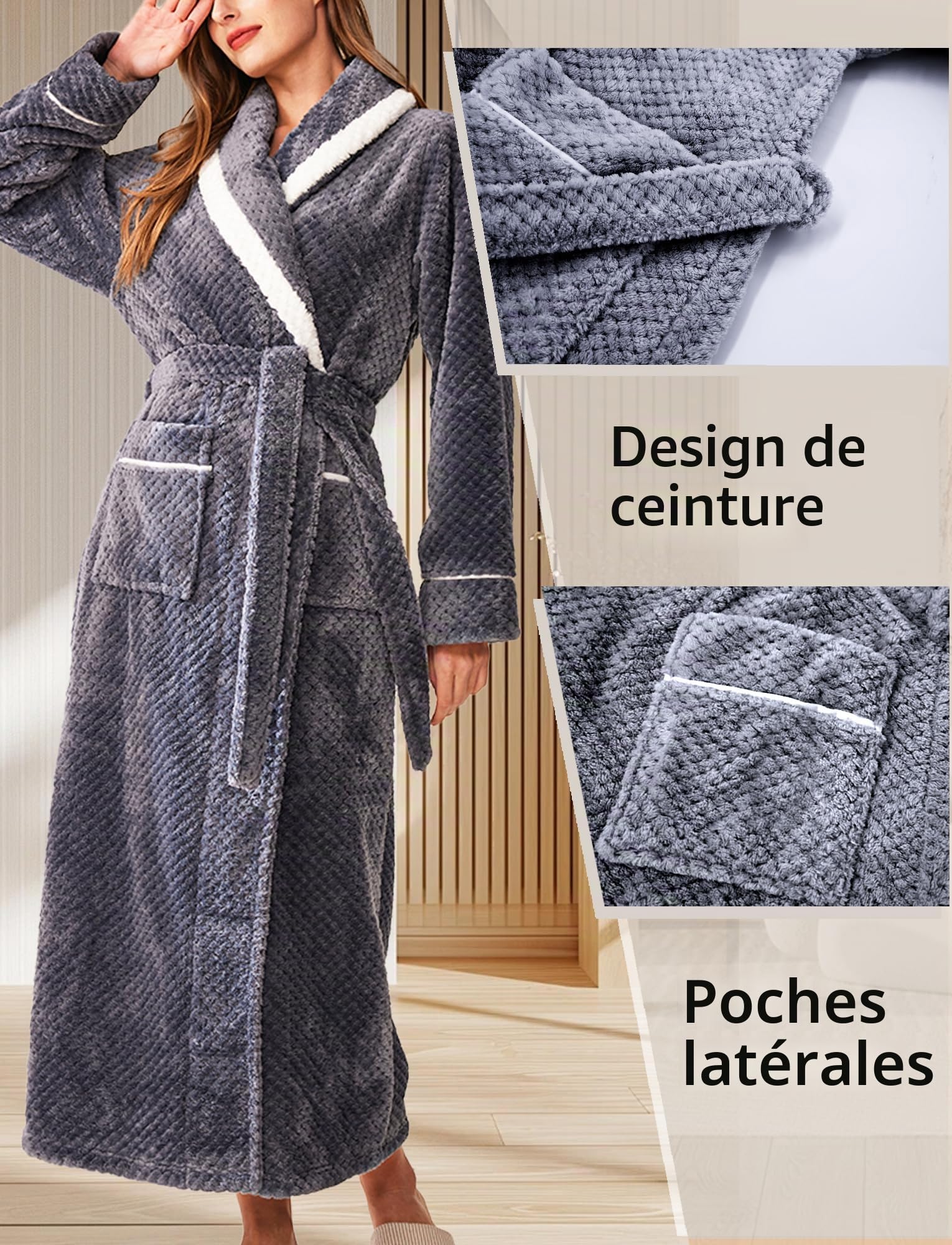 Maeau Peignoir de Bain Long Femme Épais Chaud Carreaux Ananas Automne Hiver | M XL 3XL, Col revers bordé blanc, Ceinture ajustable, Grande poche, Flanelle douce absorbante, pour bain et détente maison