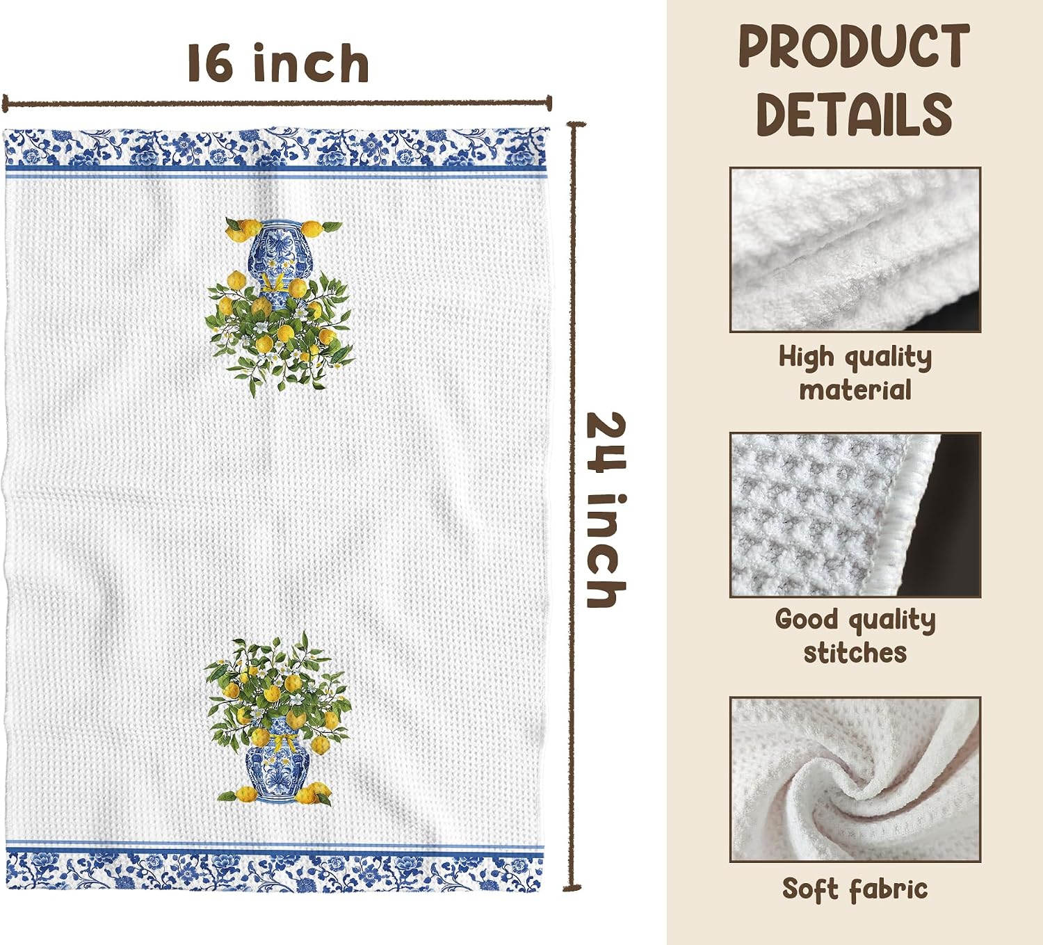 TNUW Blue and White Lemon Floral Kitchen Towels 16x24 Inch, Summer Mediterranean Lemon Dish Tea Towels for Kitchen, Chinoiserie Fruit Flower Decorative Hand Towel for Bathroom Decor, Set of 2