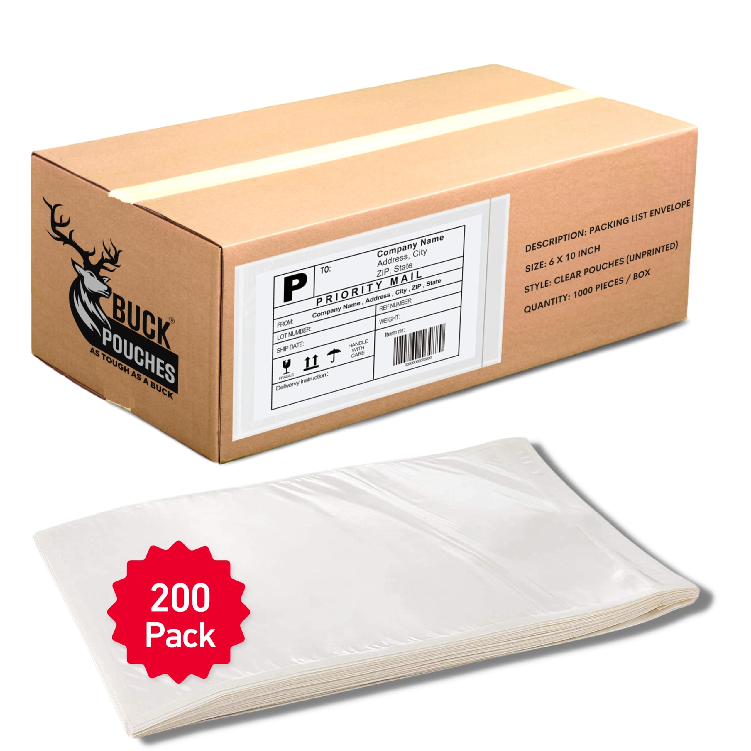 Confezione da 200 buste per etichette di spedizione, 15,2 x 25,4 cm, trasparenti, autoadesive, impermeabili, ideali per documenti di spedizione, etichette postali, fatture e distinte di imballaggio