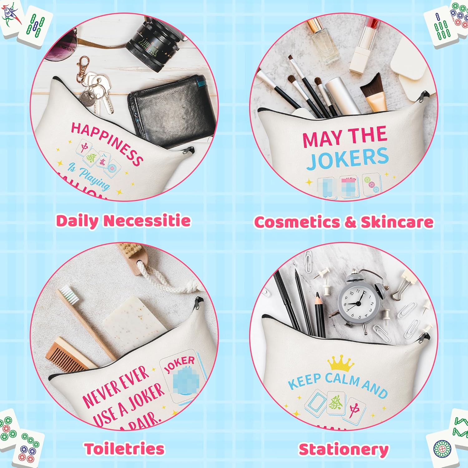 Funny Mahjong Makeup Bag - 4Pcs Pink Blue Mahjong Tiles Travel Toiletry Zipper Organizer Cosmetic Bag Pen Purse Pouch for Women Board Game Lover Player Birthday Gifts Travel Organizer Supply - Image 4