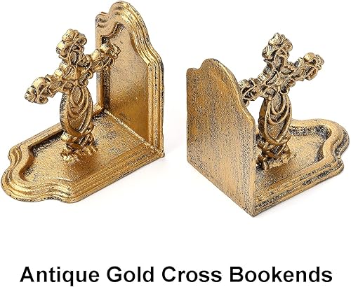 Miniatura 3 de Jemeni Sujetalibros de cruz de hierro fundido, juego de 2 extremos de libro, acabado dorado antiguo..