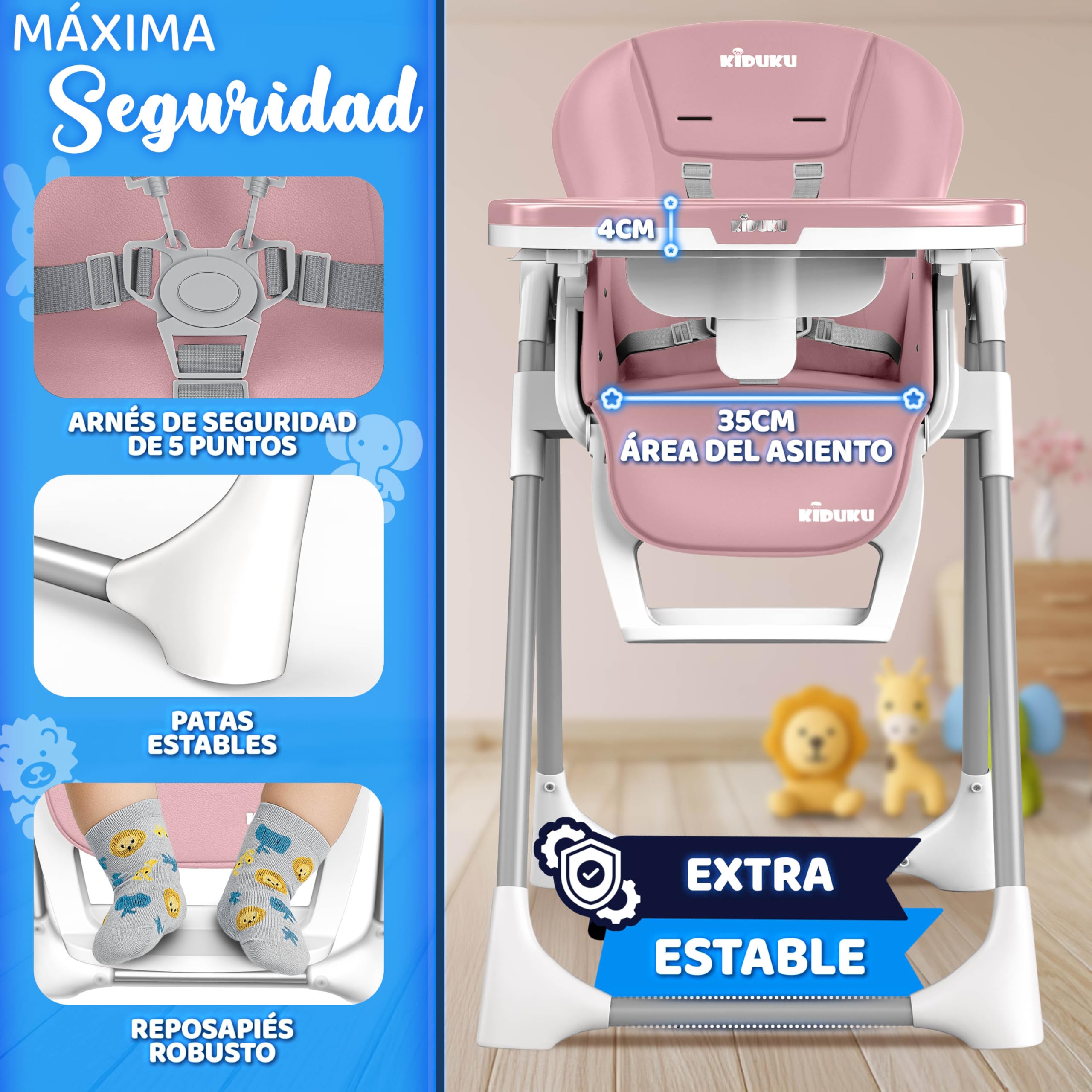 KIDUKU® Trona Bebé 3 en 1 Reclinable para Recién Nacido | Trona Infantil Plegable con Arco de Juego | Silla Evolutiva Altura Ajustable 7 Niveles | Crece con el Bebé 0-36 Meses (Rosa)