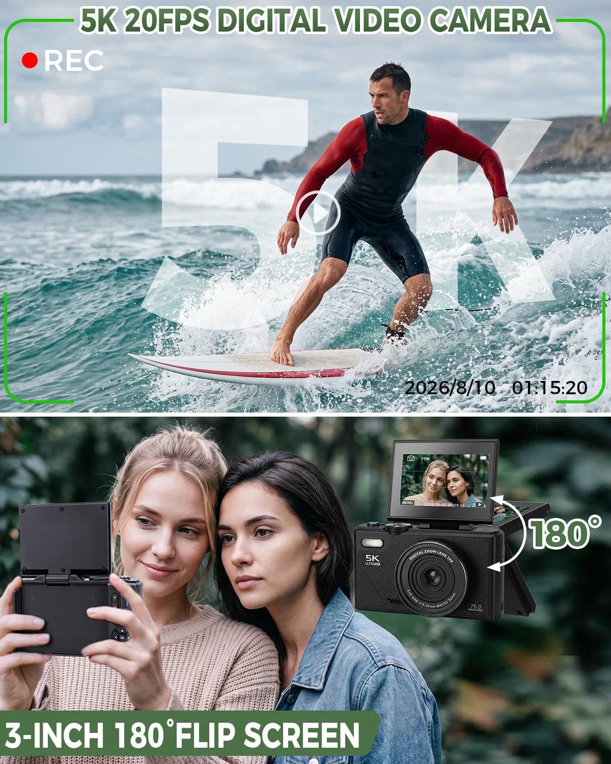 Fotocamera Digitale 5K 75MP con WLAN, Macchina Fotografica con 18X Zoom