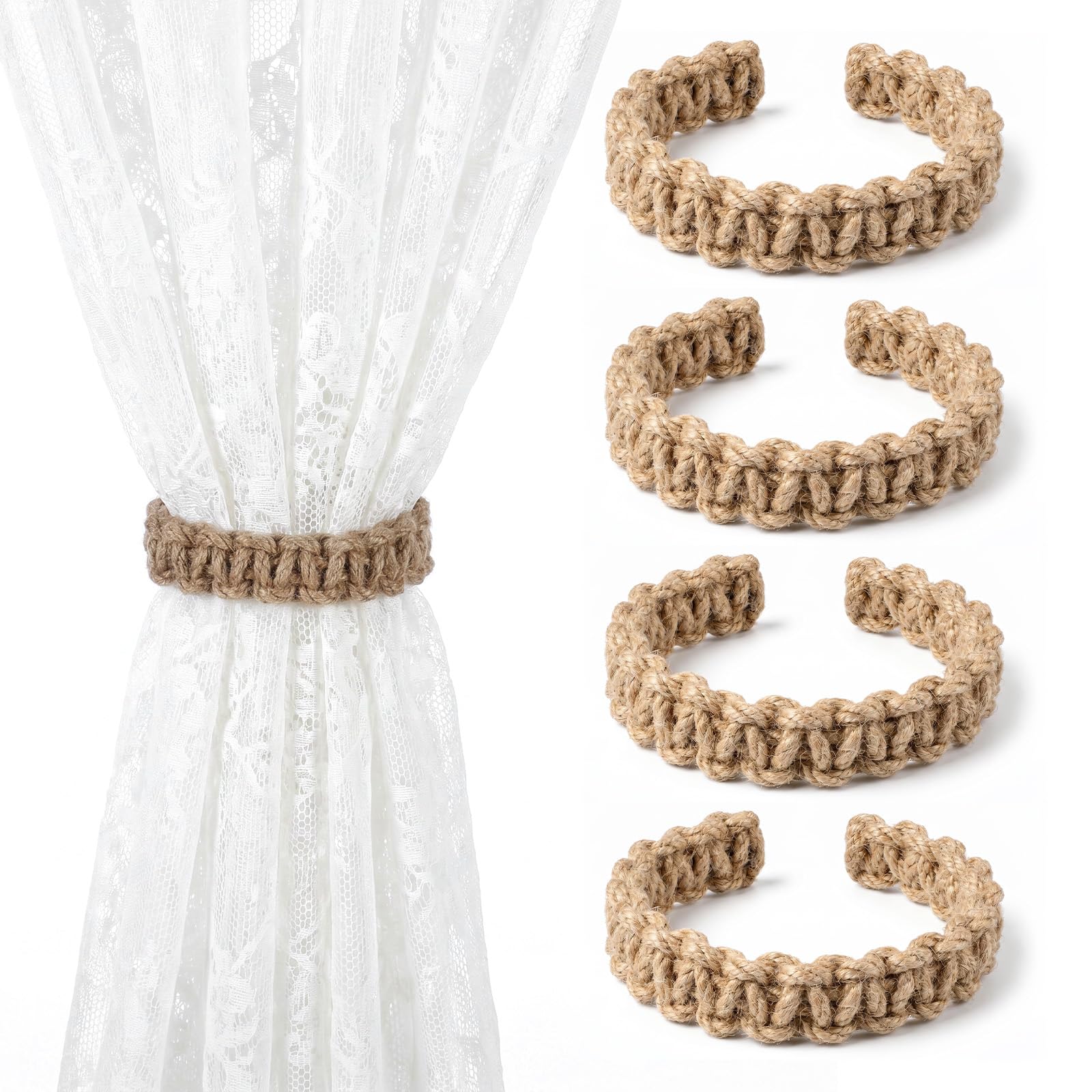 Ymapinc 4 Pack Braided Rope Curtain Tiebacks, No Drilling Curtain Holdbacks, Vintage Fabric Drape Holders, Boho No Drill Window Tie for Home Office Bedroom