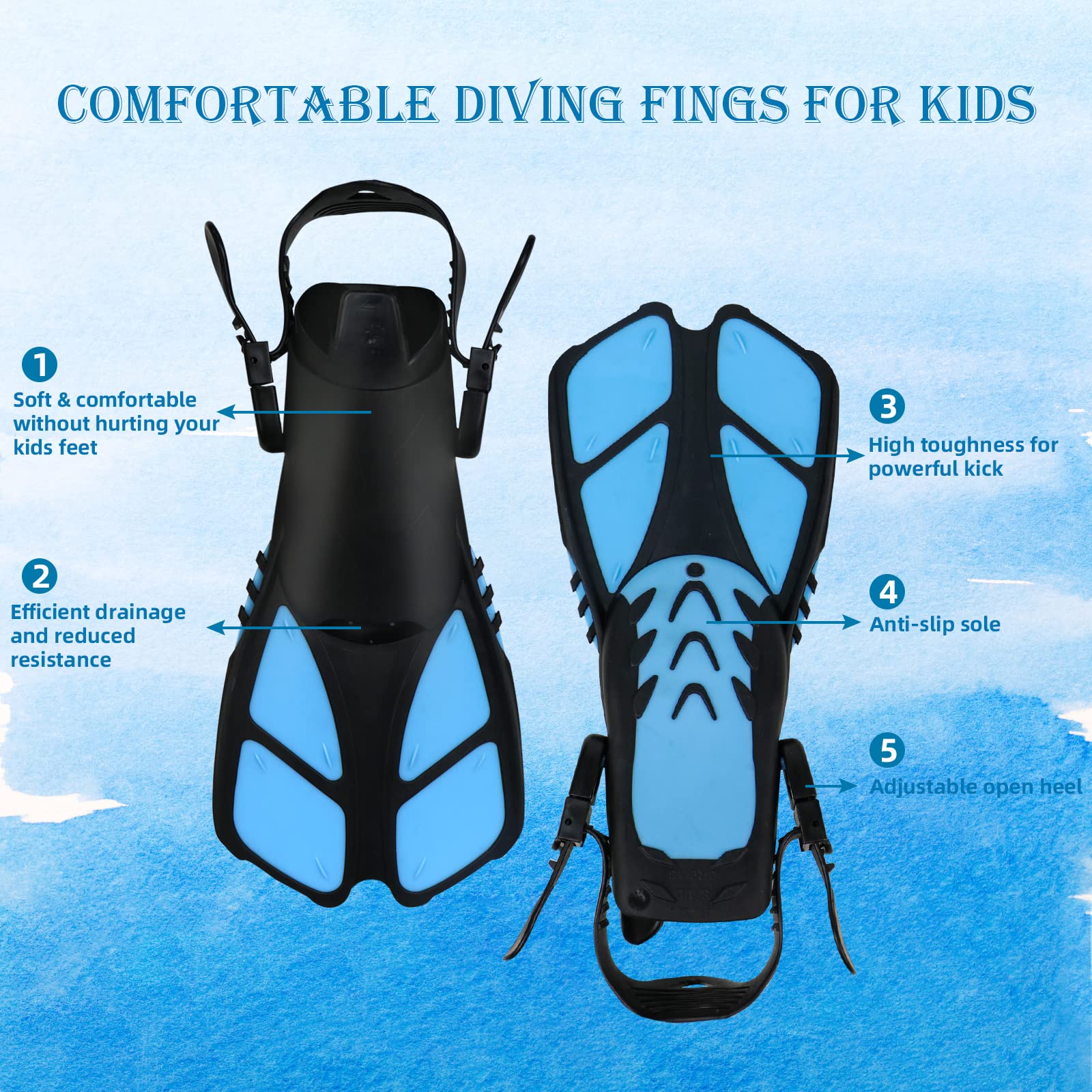 Set da snorkeling per bambini, pinne regolabili + maschera panoramica + tubo da snorkeling asciutto + borse da viaggio - adatto per bambini e ragazzi, età 5-14 anni