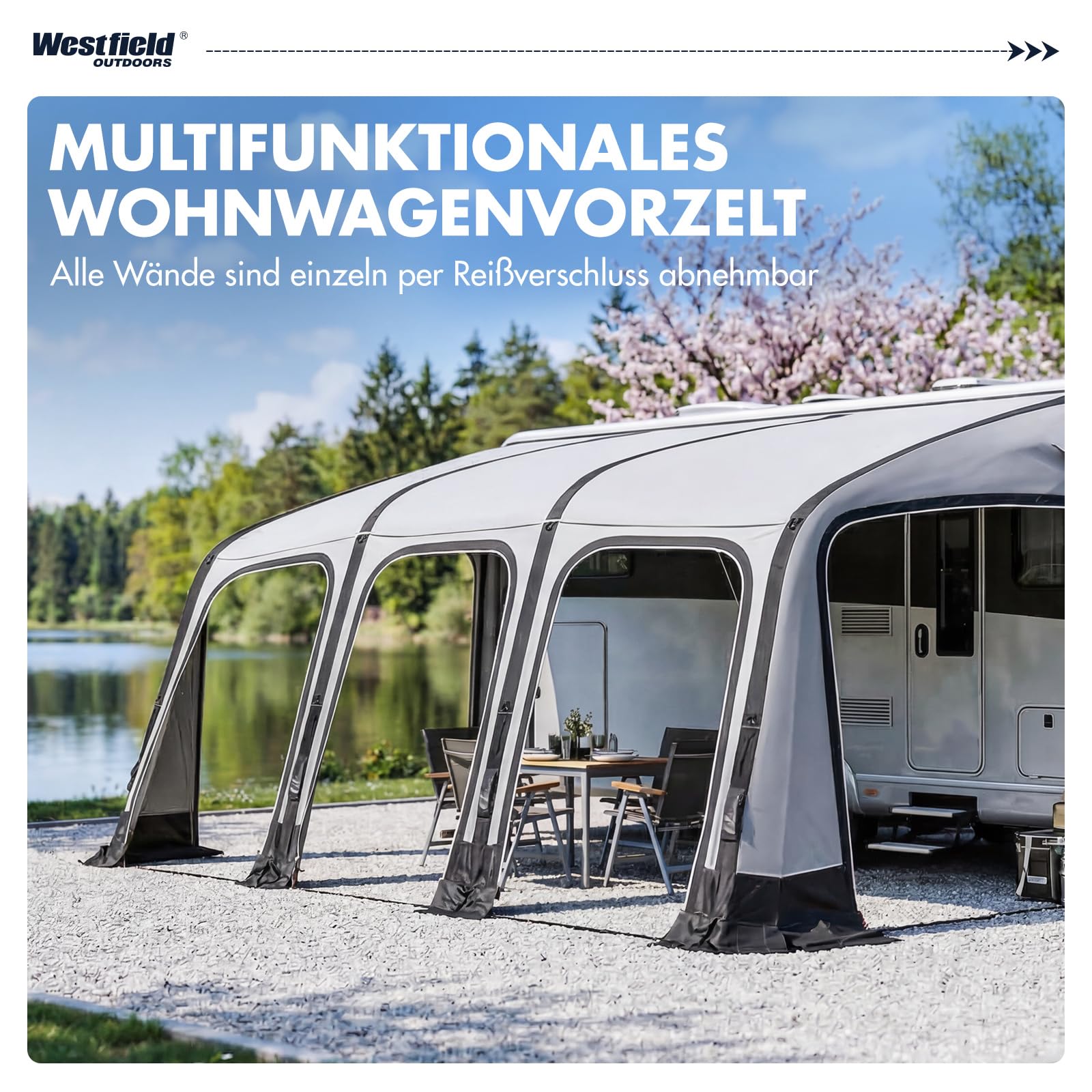 Westfield Outdoors Ceres 7, Aufblasbares Vorzelt für Wohnwagen, Höhe 235–260cm, B510 x T250 cm, 3000mm Wassersäule, UV- & windstabil, Abnehmbare Wände, EIN-Punkt-Aufblassystem, inkl. Luftpumpe
