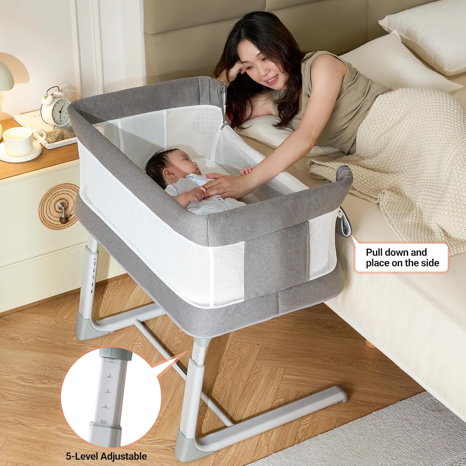 Electric Baby Bassinet for Newborns — 3-Speed Auto Rocking, 5 Melodies + 3 White Noise, Breathable Mesh, Side Drop for Bedside Sleeping, Adjustable Height, Tool-Free Assembly, Co-Sleeper