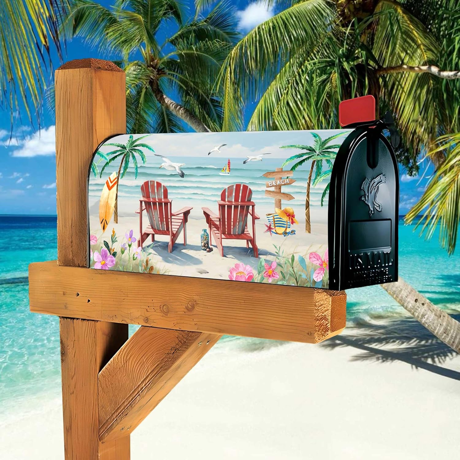 Coastal Beach Mailbox Covers Magnetic Standard Size 21" X 18" Seaside Summer Welcome Mailbox Wraps Post Letter Box Cover for Garden Yard Home Decor Outdoor Decorations (Beach, 21" x 18")
