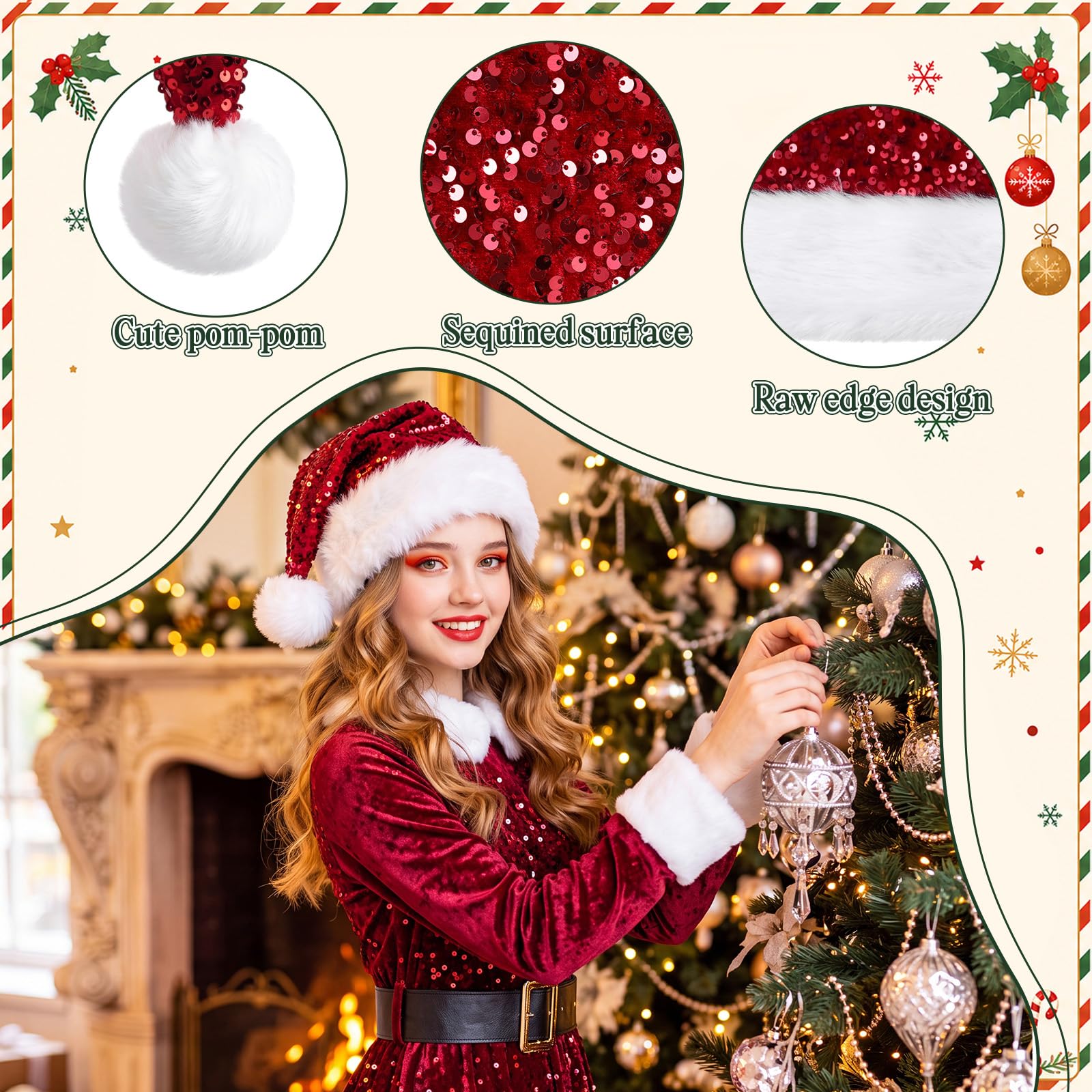 Jadive Pailletten-Weihnachtsmannmützen für Erwachsene, glitzernd, Weihnachten, Urlaub, Party, Kostüm, Hüte, Großpackung für Damen und Herren, Weihnachts-Partyzubehör