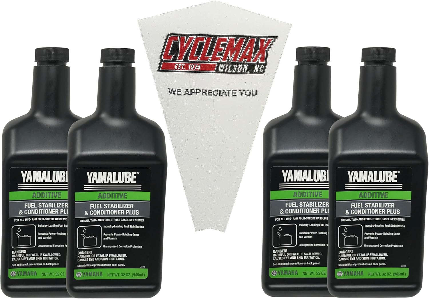 Cyclemax Four Pack compatible with Yamaha Fuel Stabilizer & Conditioner Plus ACC-FSTAB-PL-32 Contains Four Quarts and a Funnel