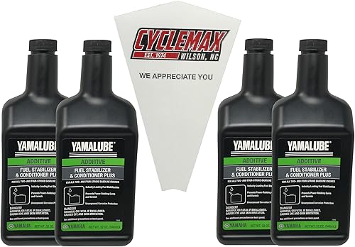 Paquete de cuatro para estabilizador y acondicionador de combustible Yamaha Plus ACC-FSTAB-PL-32 contiene cuatro cuartos y un embudo