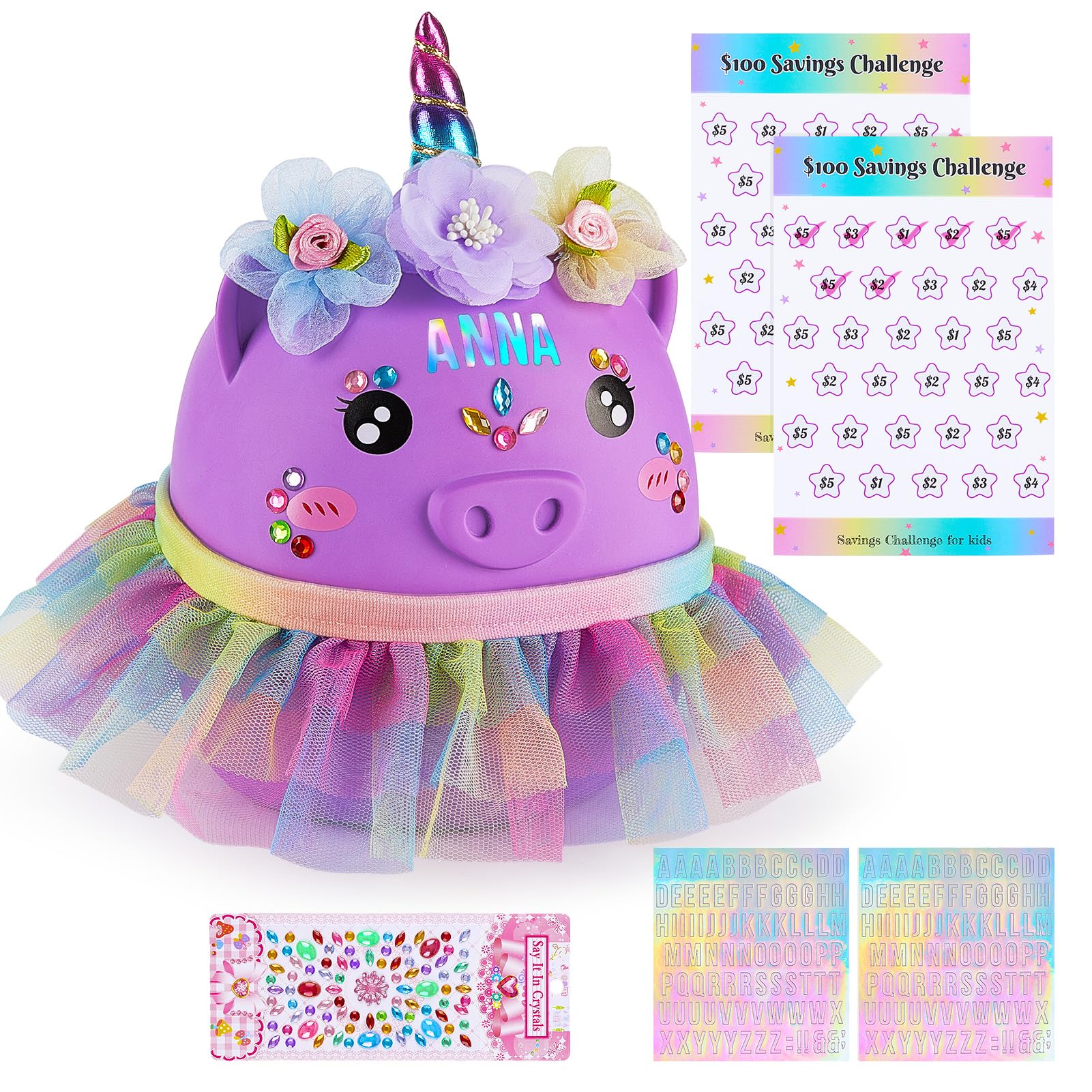 Piggy Bank for Kids Girls, Unbreakable Money Coin Bank with Flower Alphbet Sticker and Money Saving Challenge Cards