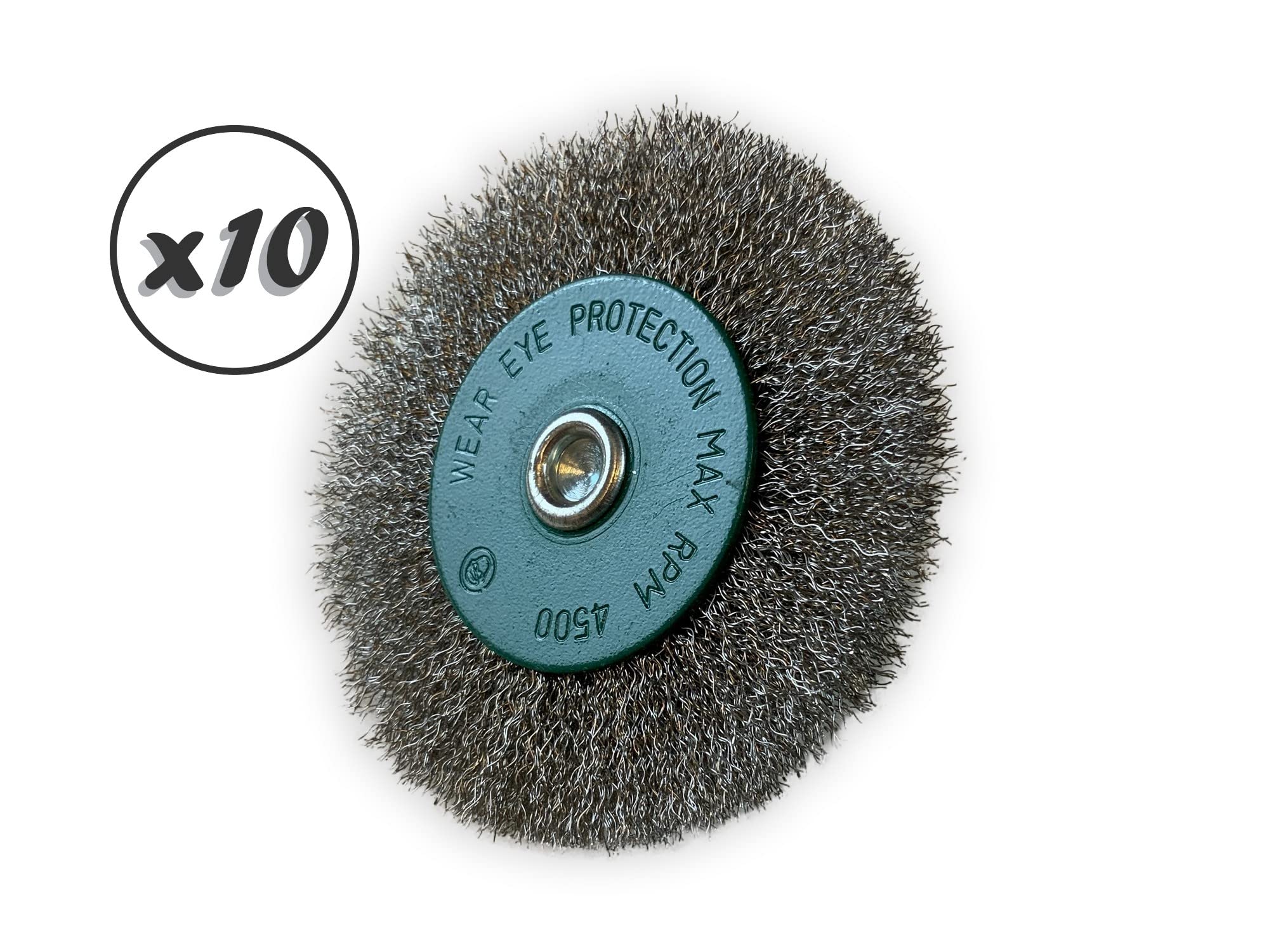 Zestaw 10 metalowych okrągłych szczotek obrotowych na pręcie Ø 100 mm | Drut ze stali nierdzewnej Ø 0,20 mm | Grubość 12 mm | 2 rzędy | Do wiertarki lub wkrętarki z uchwytem | Kibros 26100IV12x10