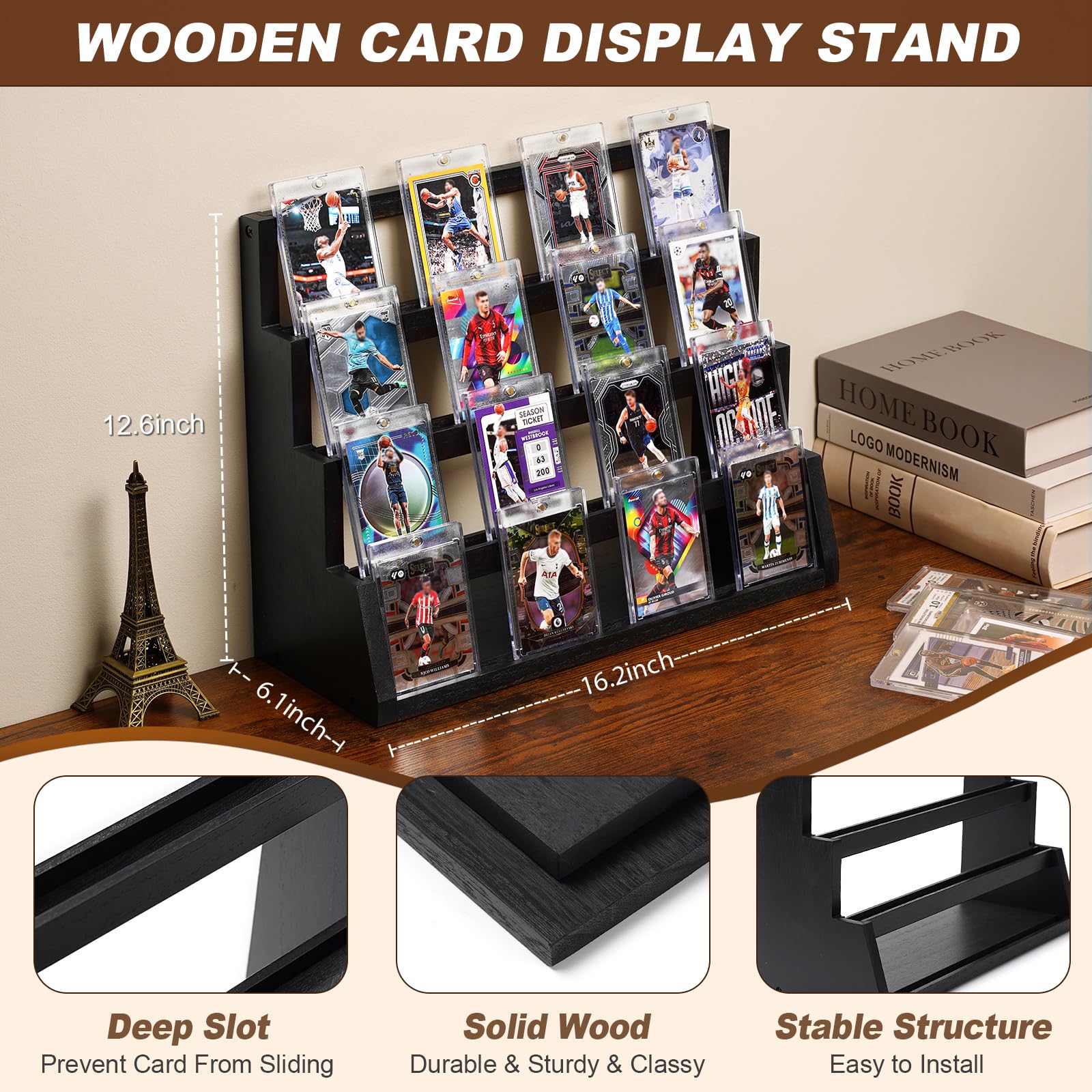 Expositor De Madera De 4 Pisos Para Tarjetas Coleccionables, Soporte Para Tarjetas Deportivas Clasificadas Y Sueltas, Color Negro