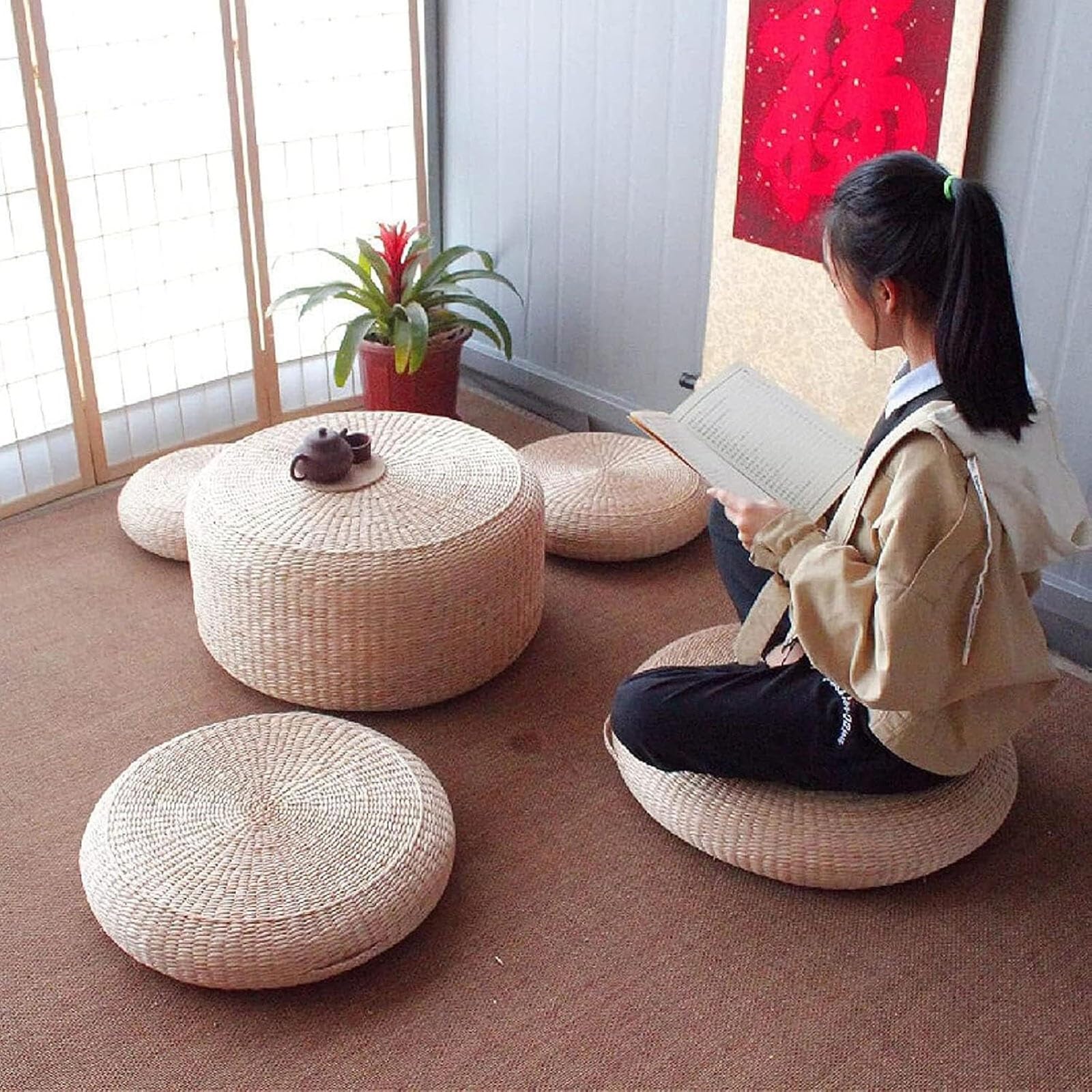 Genérico Cojín de Paja Tejida, Cojín de Suelo de Tatami, Cojín de Meditación Tradicional, Cojín Redondo para Silla de Tatami, Asiento de Yoga, Adecuado para Jardín, Comedor(45cm)