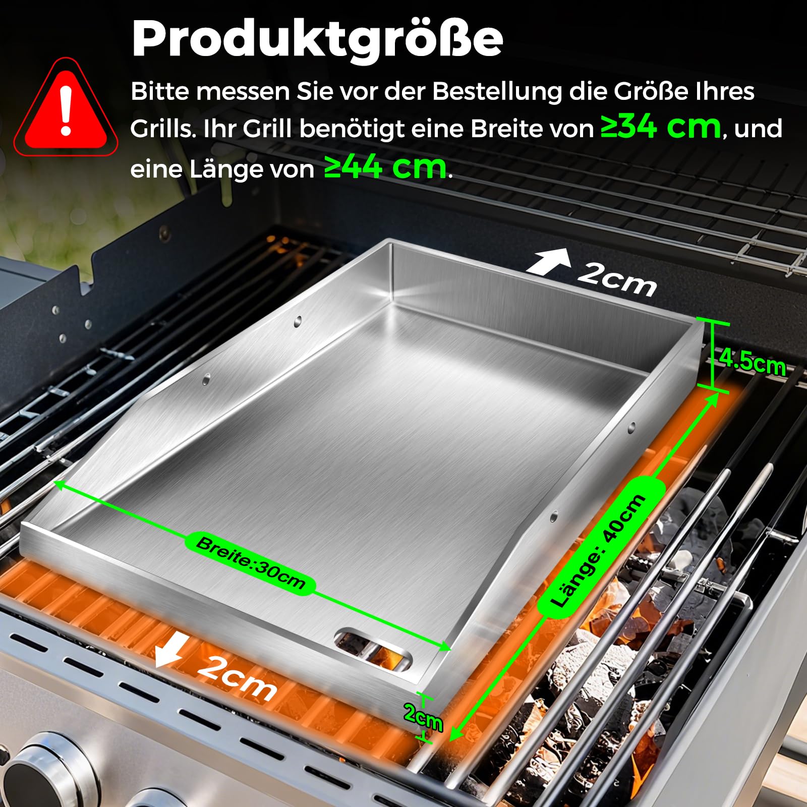 Grillplatte Plancha, 4 mm starker Edelstahlgrill für Gas- und Holzkohlegrills 40 x 30 x 4 cm, mit abnehmbarem Griff, mit 2 Grillspatel-Set,Grillgeschenke für Männer und Frauen