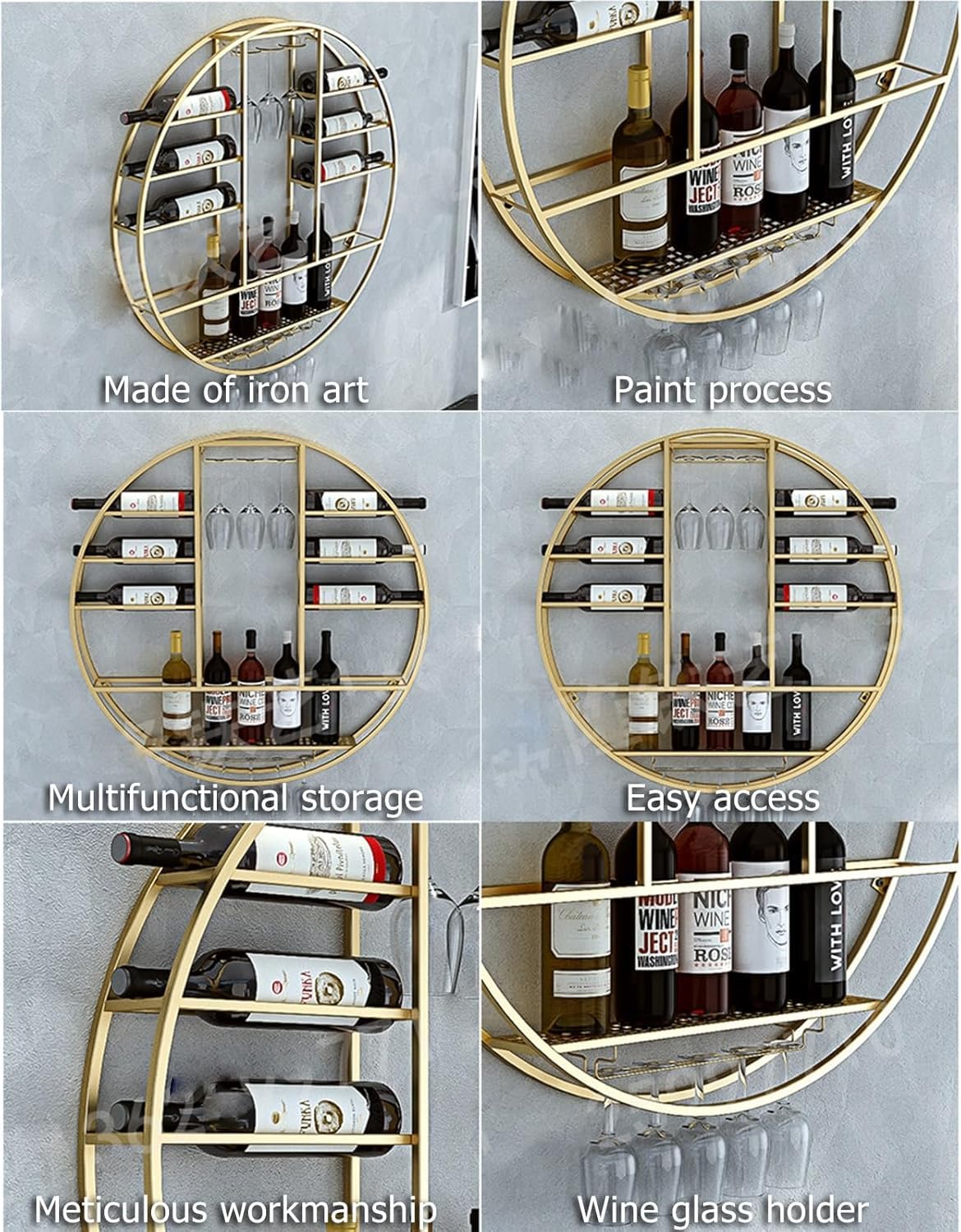 Botellero Redondo De Metal para Vinos, Gran Capacidad, Simple, con Luz, Moderno Y Minimalista, para Pared, para Sala De Estar, Hogar Y Cafetería., Black, 70x11cm
