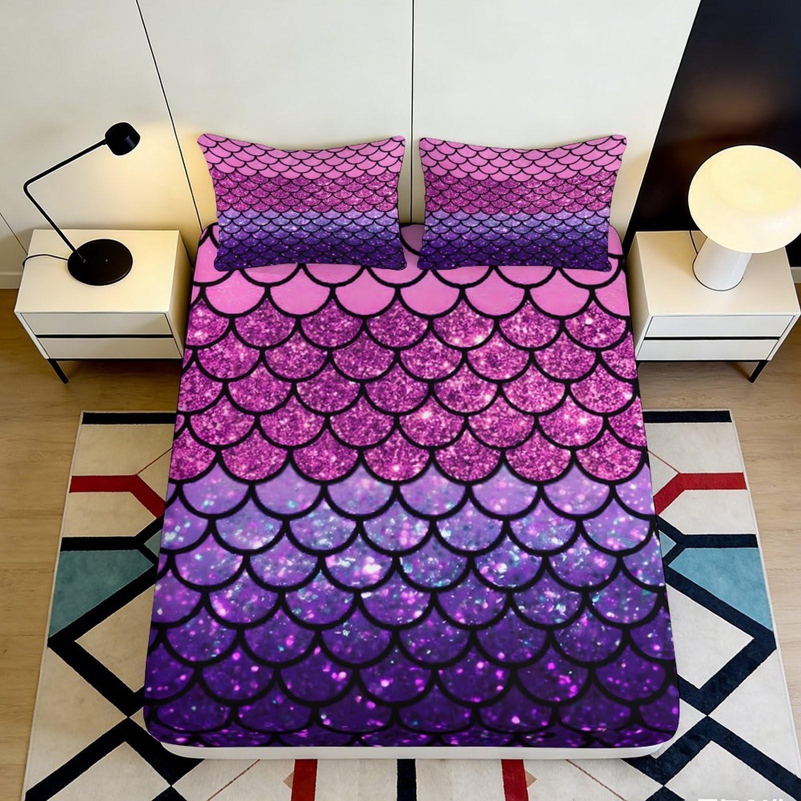 Pnayamiorkfel Style-2 3D Printed Glitter Mermaid Scales Fitted Sheet Microfiber Soft Purple Pink Gradient Bed Cover For Bedroom Dorm Decor 90X200x25cm