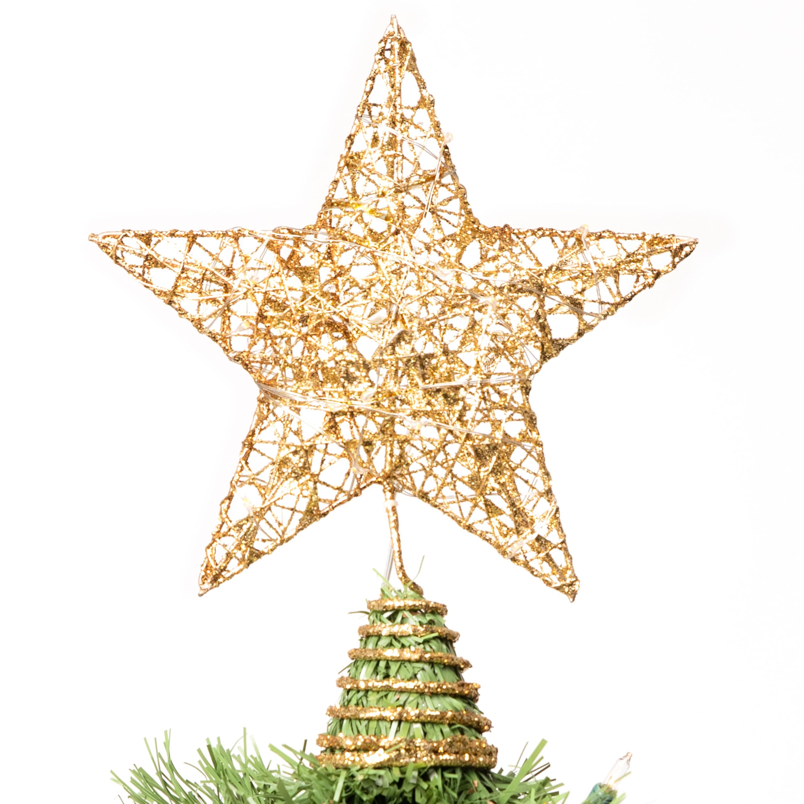 Gold Glitter Star Tree Topper Metal Hallow Tree Star Lighted for Christmas Tree Decorations Home Holiday Xmas Party Indoor Decor