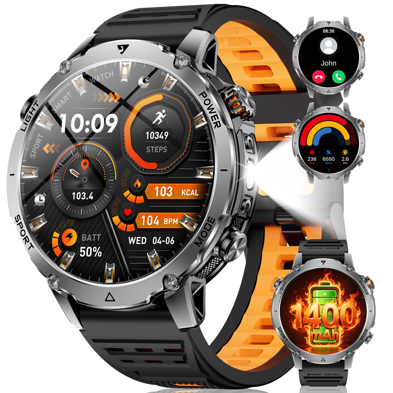 LIGE Smartwatch Uomo 1400mAh Batteria Lunga,1.7" Smart Watch Militare con Torcia LED,Chiamata Bluetooth,120+ Sport,5ATM Impermeabile,Frequenza Cardiaca,Android iOS,2 Caricabatterie, EF26-E