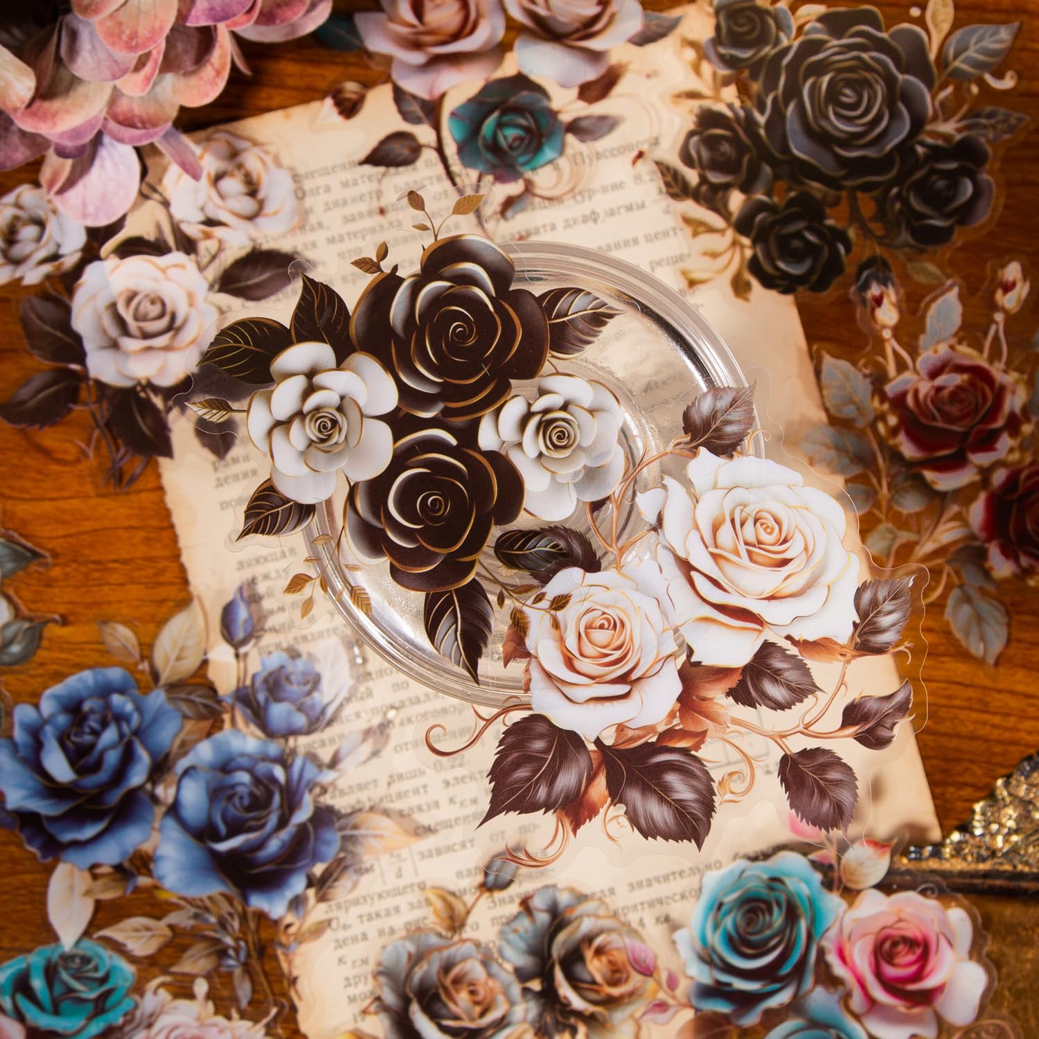Yoksas Large Vintage Rose Stickers - 60Pcs Clear Waterproof Rose Flowers Stickers for Scrapbooking,Junk Journals,Phone Case,Planner,Albums