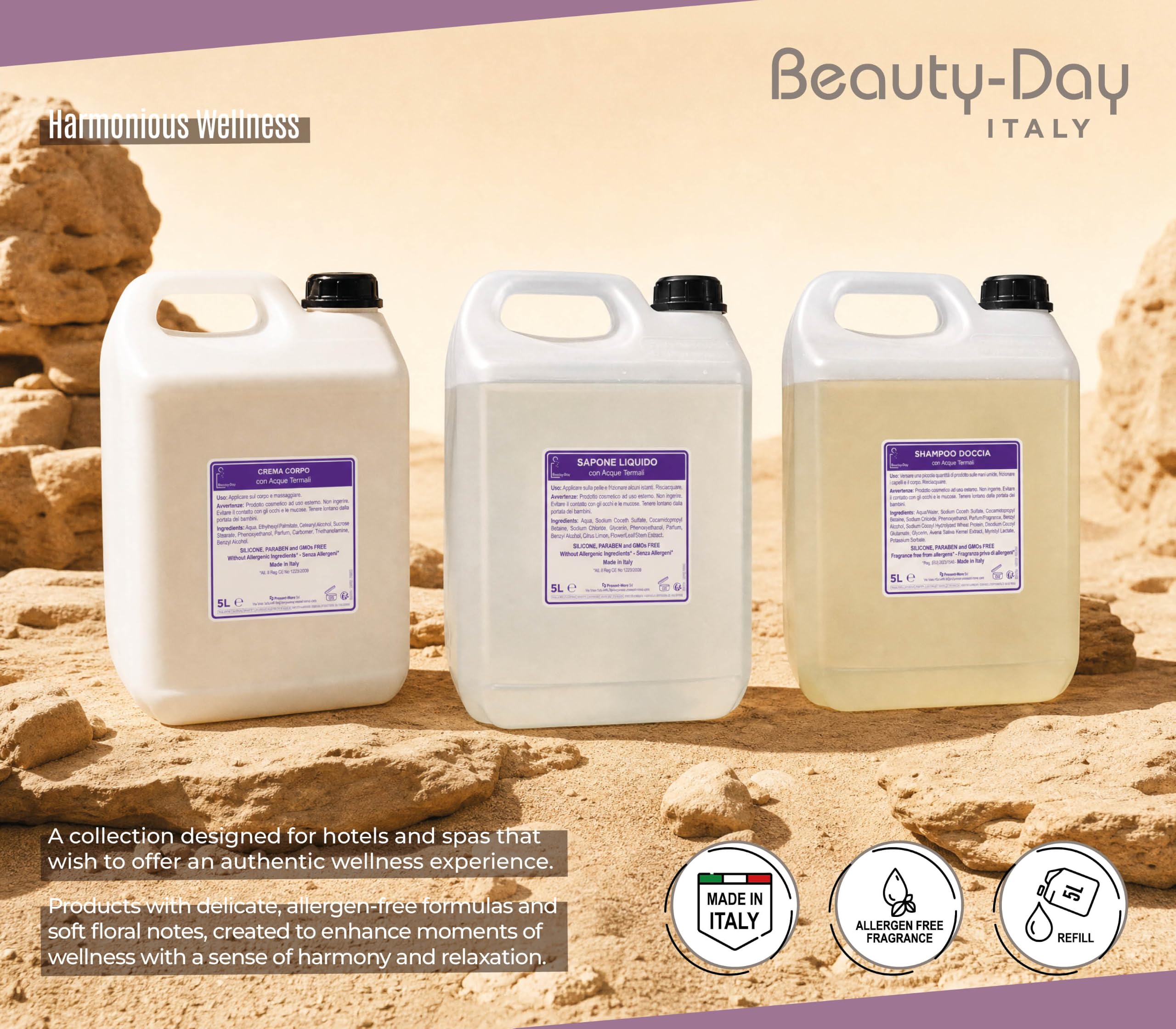 Present-More Beauty-Day Italy Körpercreme 5 l - Körpercreme 1 Stück für Hotels, B & B und Hotels | allergenfreie Körpercreme mit Ylang Ylang Duft (1 Kanister)