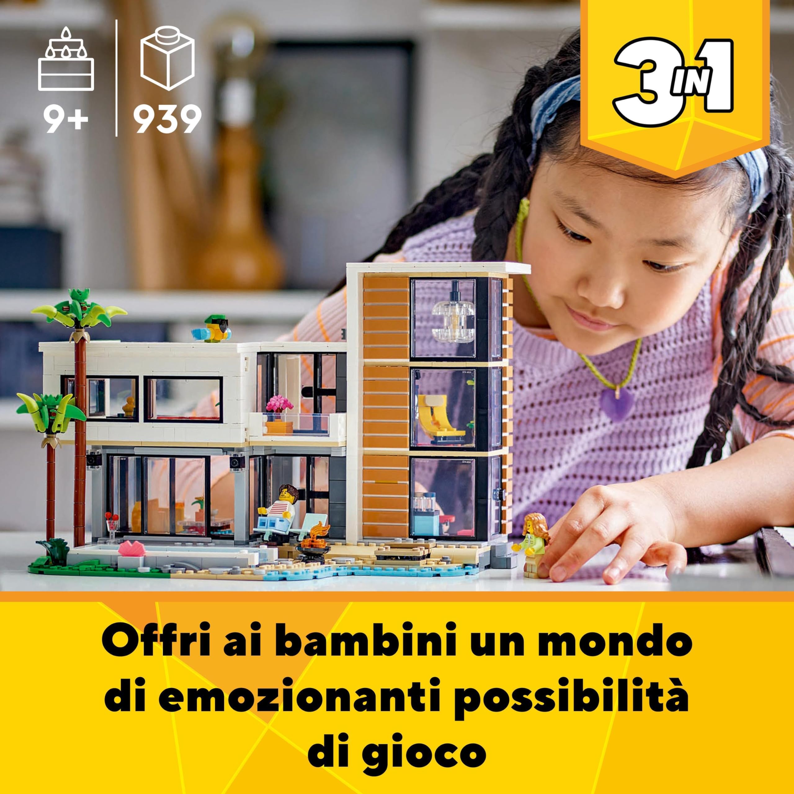 LEGO Creator 3 in 1 Casa Moderna, Modellino da Costruire di Casa da Spiaggia Trasformabile in Edificio Urbano a 3 Piani o Baita, Giochi per Bambini e Bambine da 9 Anni, Idea Regalo di Compleanno 31153