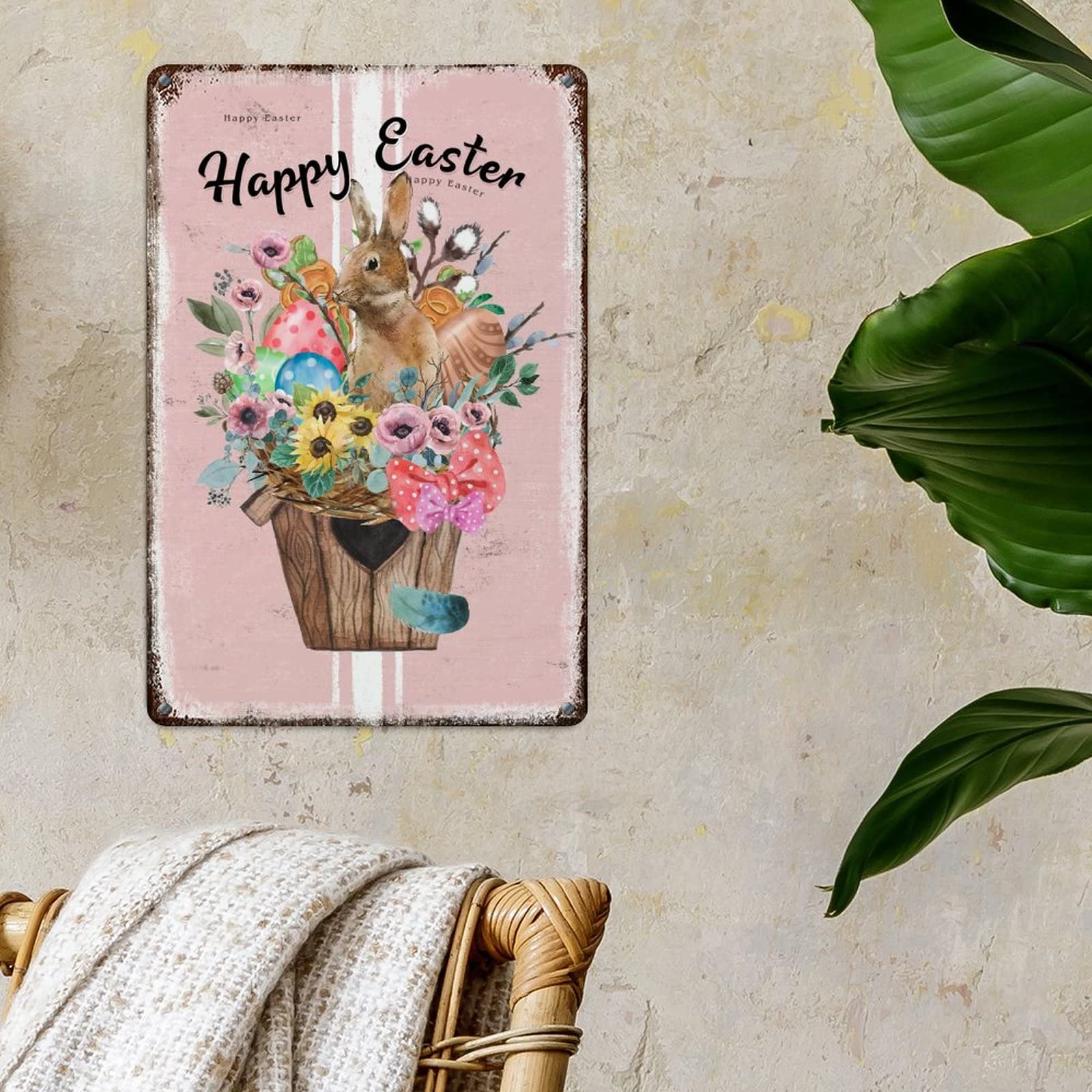 WoGuangis Targa Decorativa Da Parete In Metallo Happy Easter Flowers – Cartello Floreale Con Scritte In Stile Francese, Motivo A Strisce Rosa, Dimensioni 20x30 Cm, Facile Da Appendere, Per Interni Ed Esterni