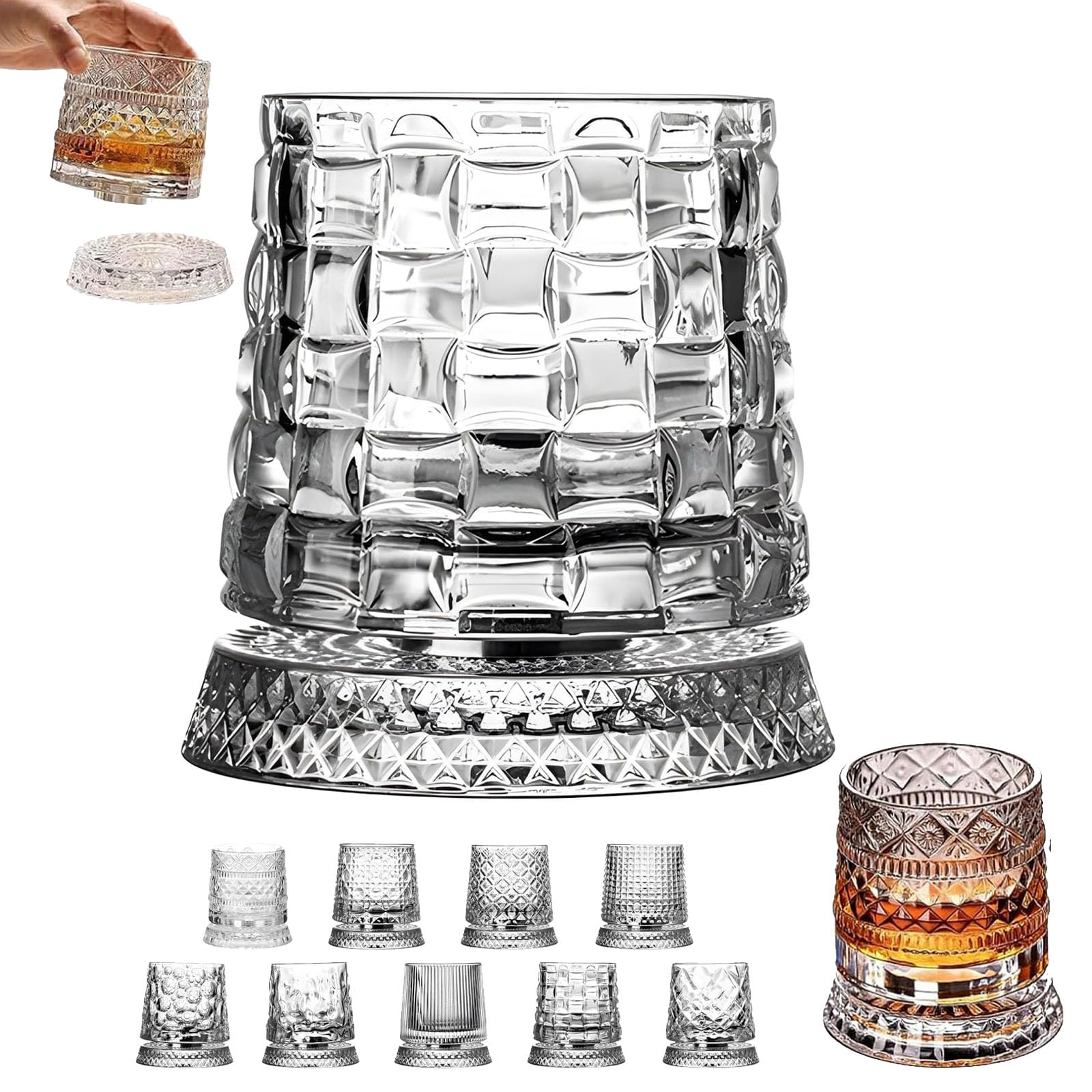 Spinning Crystal Whiskey Glasses, Rotating Whiskey Glass with 360° Spinning Base, Heavy Old Fashioned Crystal Tumbler for Bourbon, Scotch, Rum, Cocktail Gift for Men (Style E)
