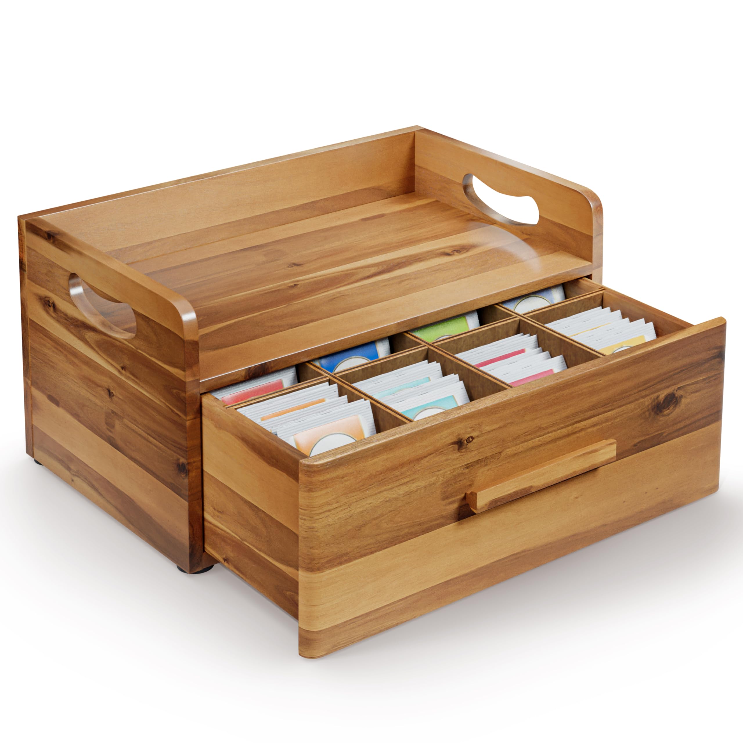 Tinamo Acacia Wooden Tea Box Organizer with Drawer – Tea Chest for Tea Bags Storage – Tea and Coffee Organizer - Wooden Tea Tray and Containers for Countertop Display (Acacia)