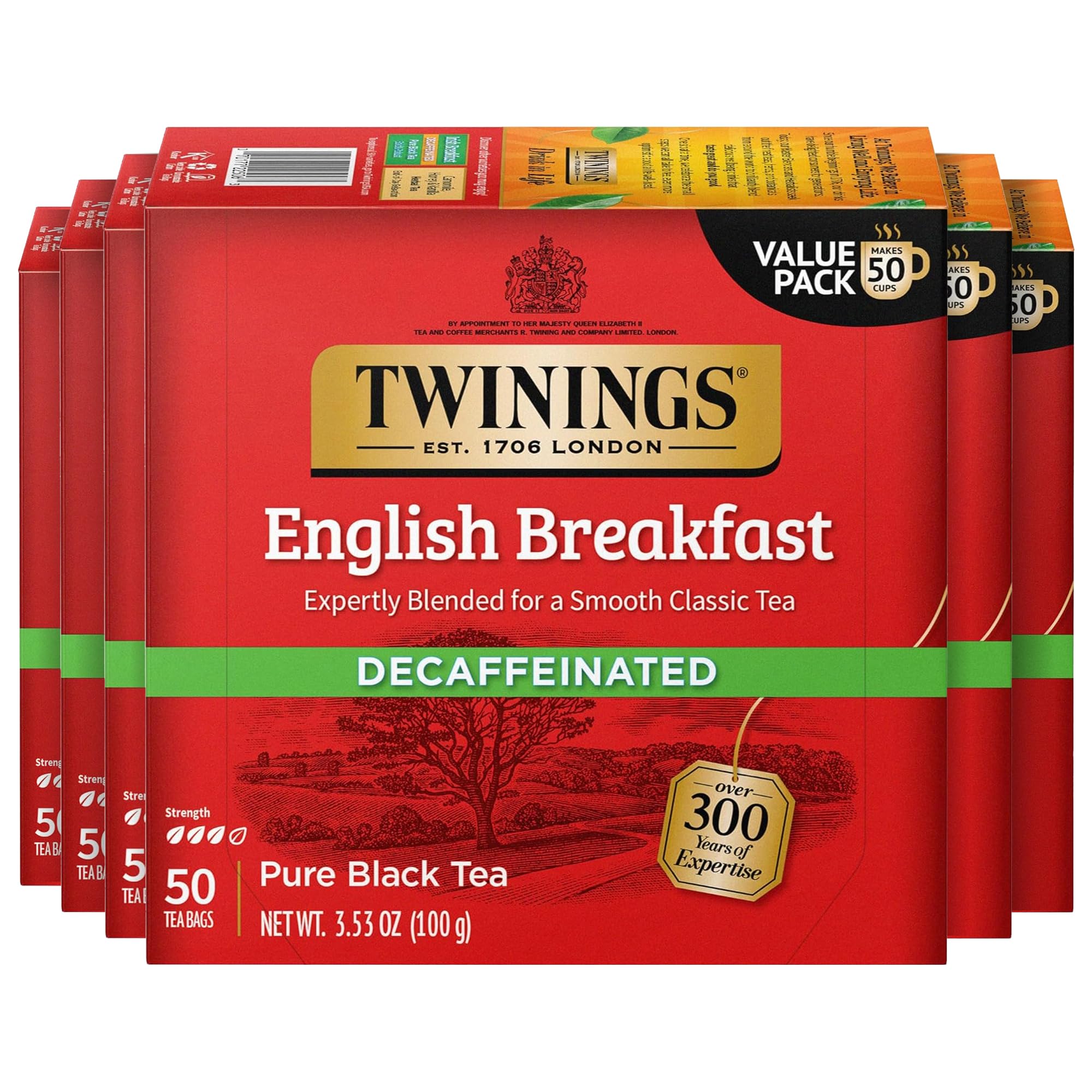 Twinings of London Decaffeinated English Breakfast Black Tea Bags, 50 Count (Pack of 6)