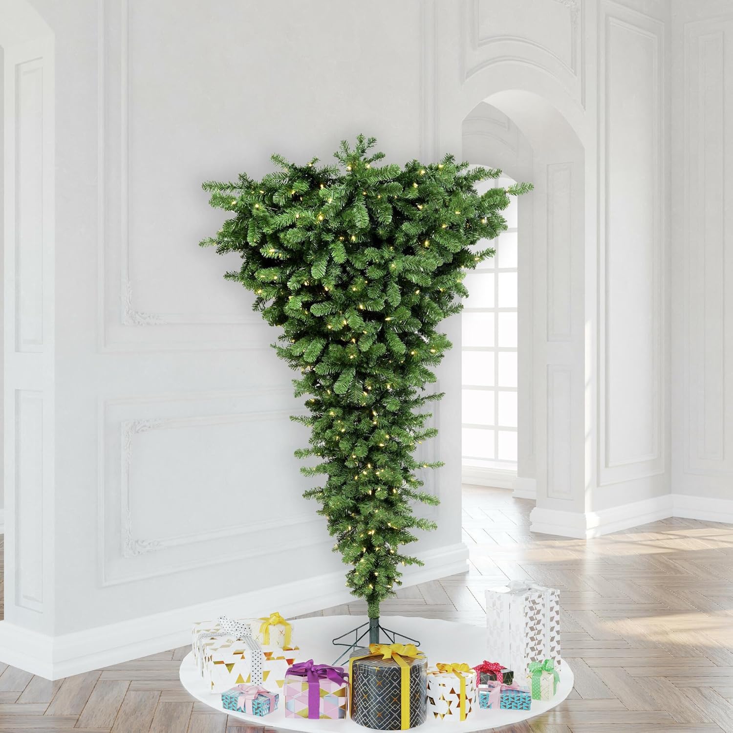 Vickerman 7.5' Green Upside-Down Artificial Christmas Tree - Warm White LED Dura-lit Lights - Faux Upside-Down Christmas Tree - Seasonal Indoor Home Decor